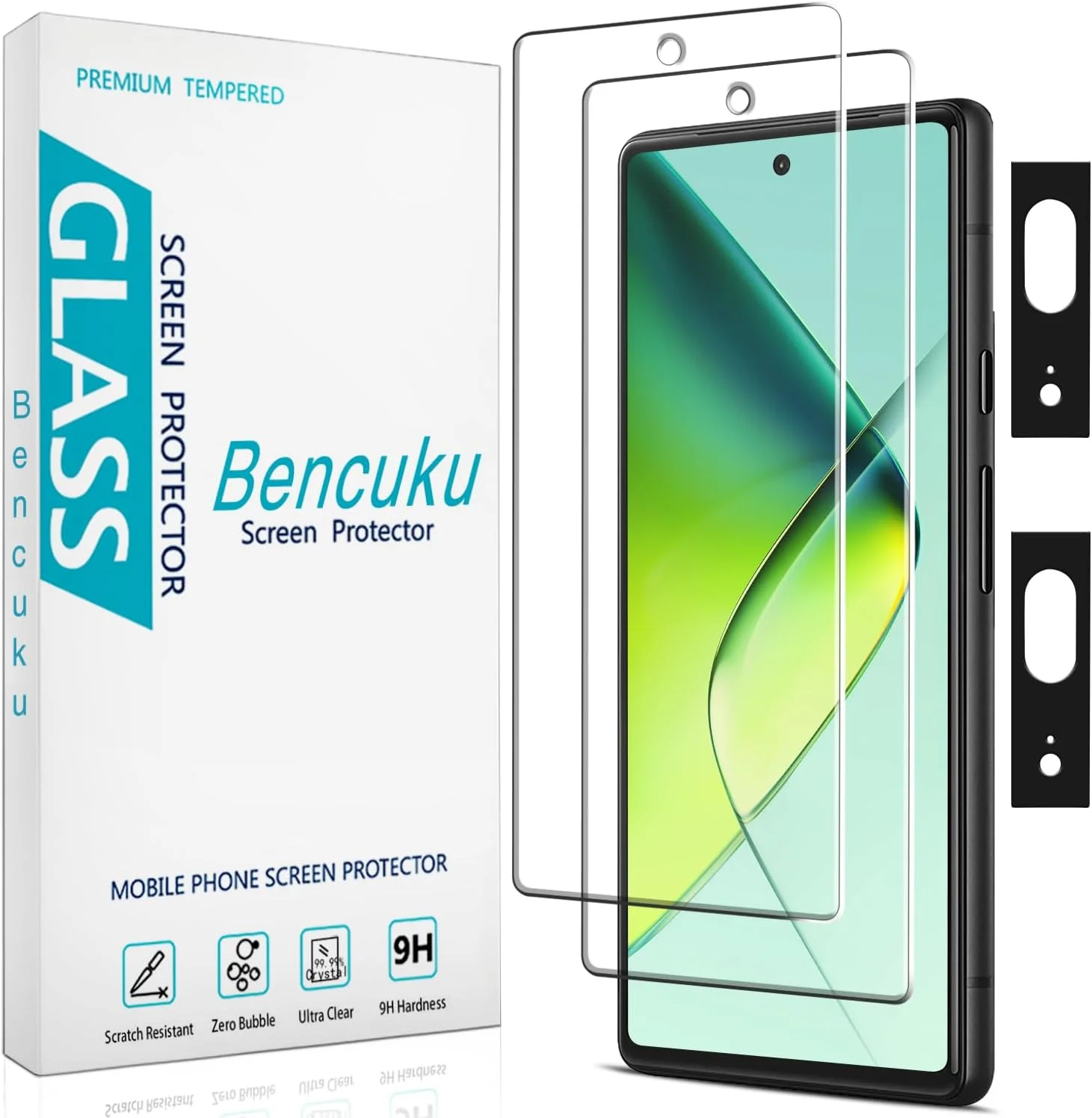 محافظ صفحه نمایش بنکوکو [بسته 2+2 عددی] برای گوگل پیکسل 7 به همراه محافظ لنز دوربین، شیشه حرارت دیده 9H، پشتیبانی از باز کردن قفل با اثر انگشت، ضد خش، بدون حباب