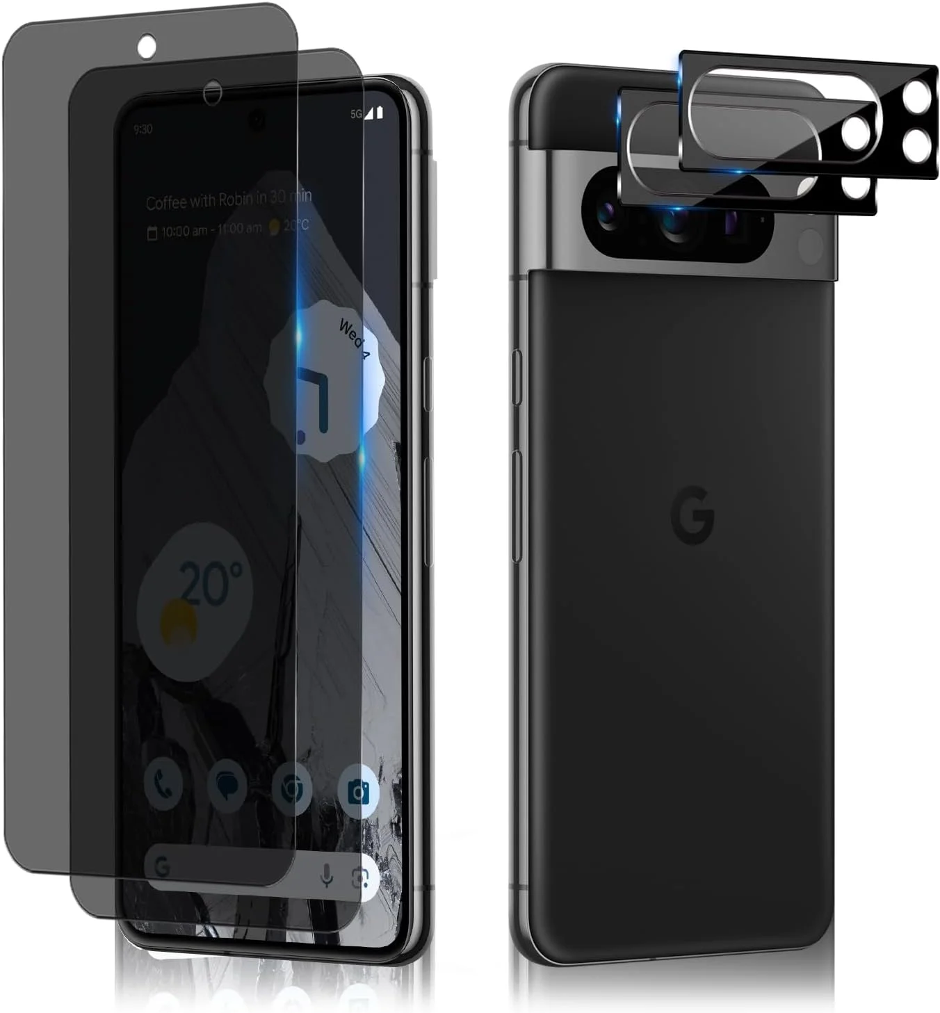 محافظ صفحه نمایش حریم خصوصی HeeYeal + محافظ دوربین سازگار با Google Pixel 8 Pro 5G، [2 + 2 عدد] شیشه حرارت دیده، سختی 9H ضد خش، فیلم ضد جاسوسی برای Google Pixel 8 Pro 5G
