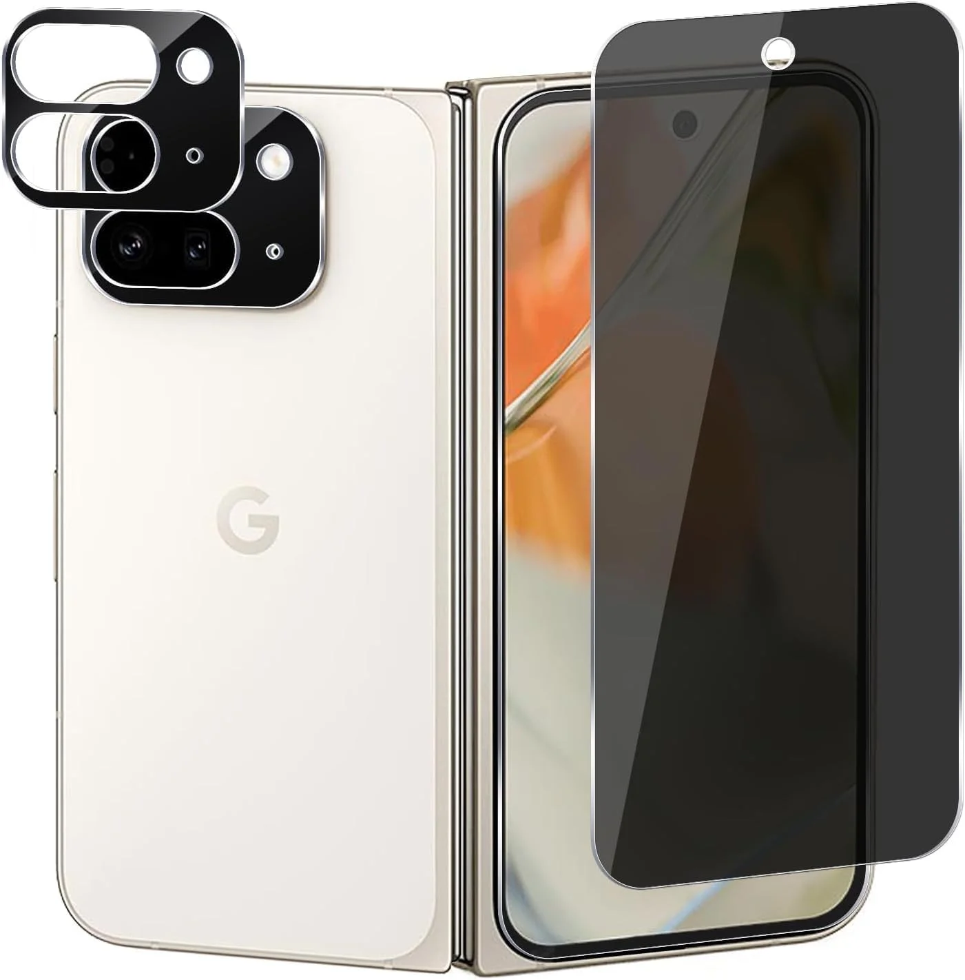 Gruattreay 2-Pack for Google Pixel 9 Pro Fold Privacy Front Tempered Glass Screen Protector and 2-Pack Camera Lens Protector, [Anti-Scratch] [HD Clarity 9H Hardness][Bubble Free]