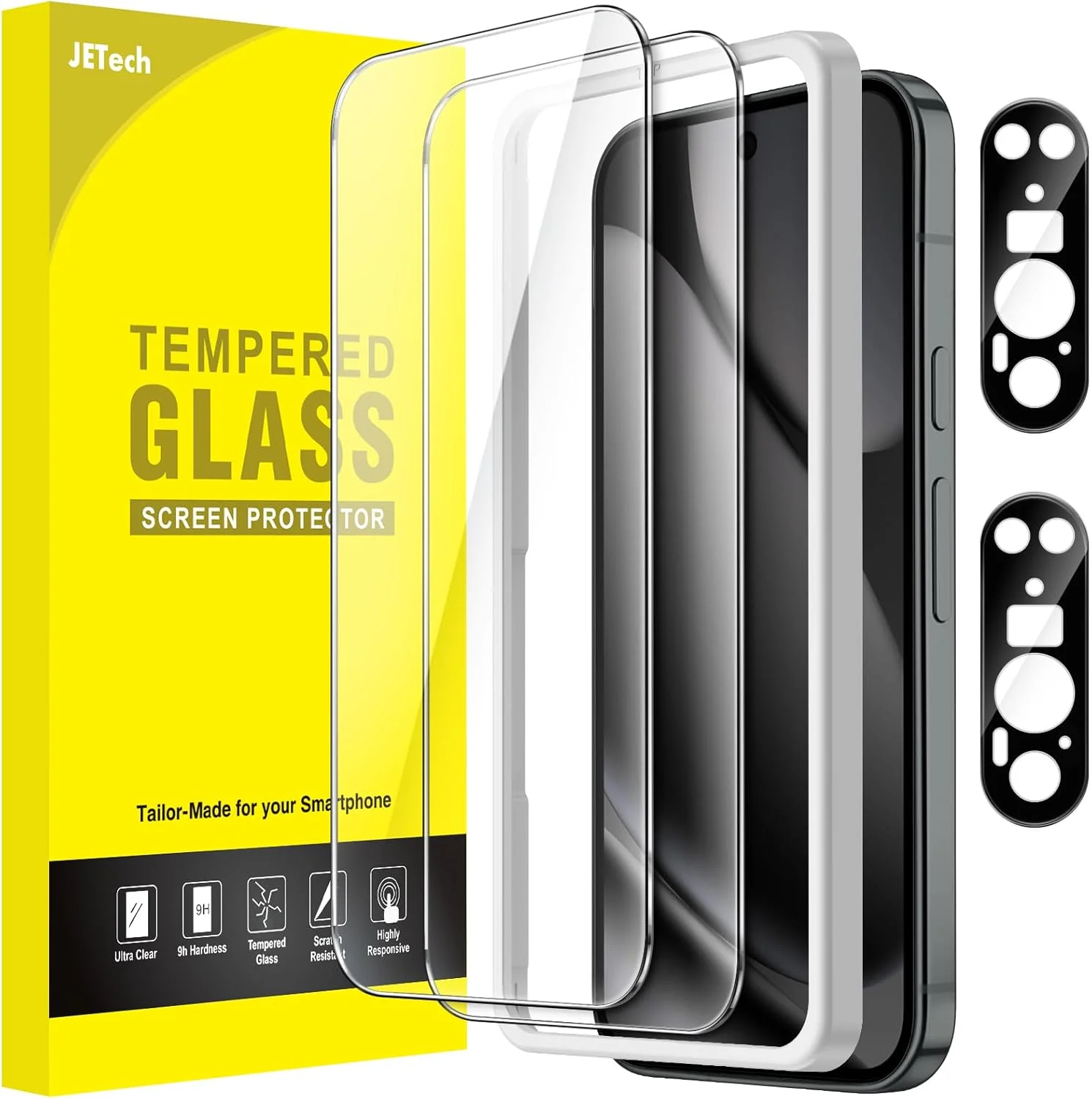 محافظ صفحه نمایش JETech برای گوگل پیکسل 10 پرو به همراه محافظ لنز دوربین، ابزار نصب آسان، سازگار با باز کردن قفل اثر انگشت، فیلم شیشه ای حرارت دیده، شفافیت HD، 2 عدد در هر بسته