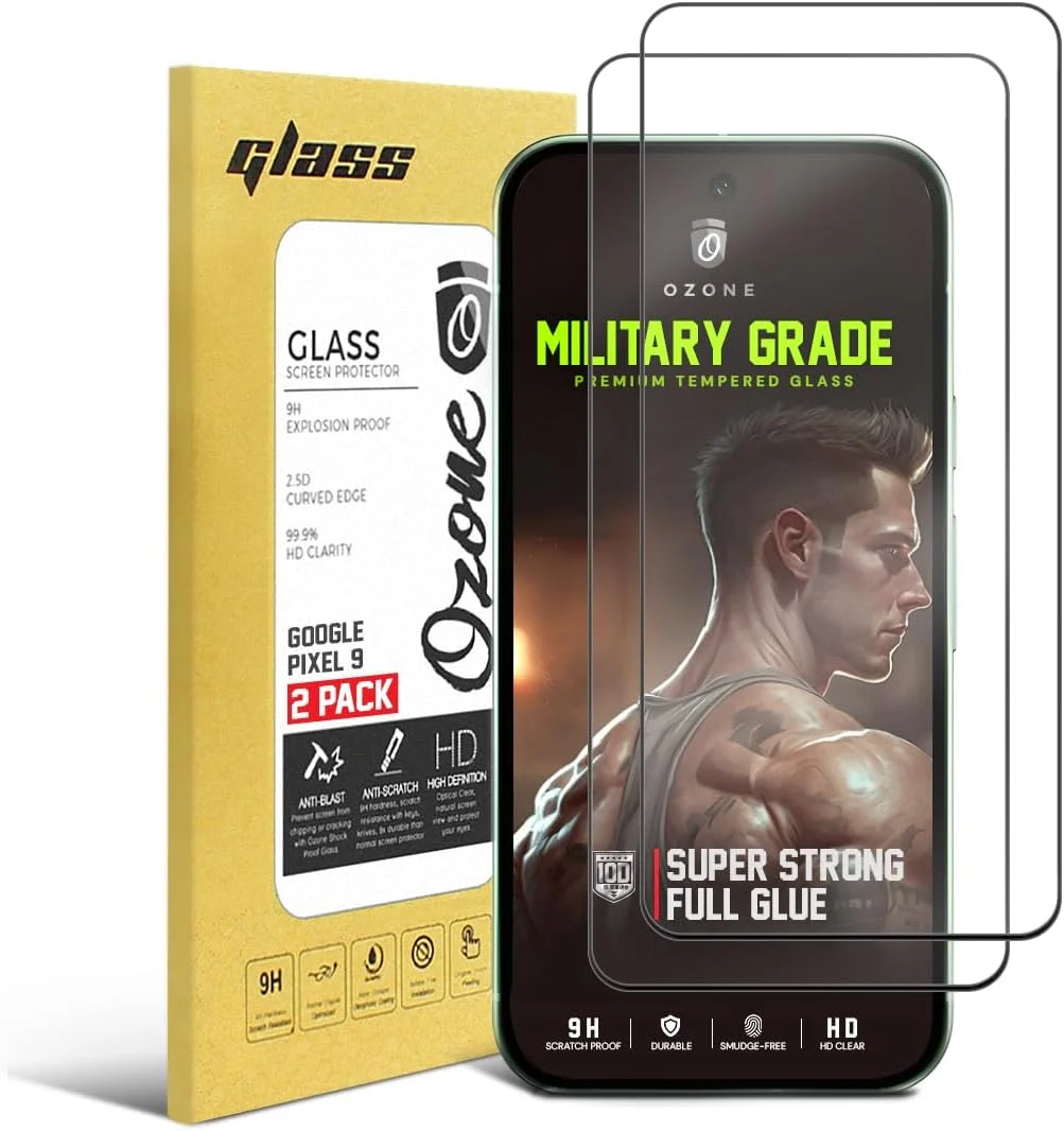 محافظ صفحه نمایش شیشه ای حرارت دیده با پوشش کامل O Ozone، بسته 2 عددی، مناسب برای گوگل پیکسل 9، فیلم شیشه ای حرارت دیده با سختی 9H، لبه مشکی، شفافیت HD، محافظ صفحه سازگار با قاب