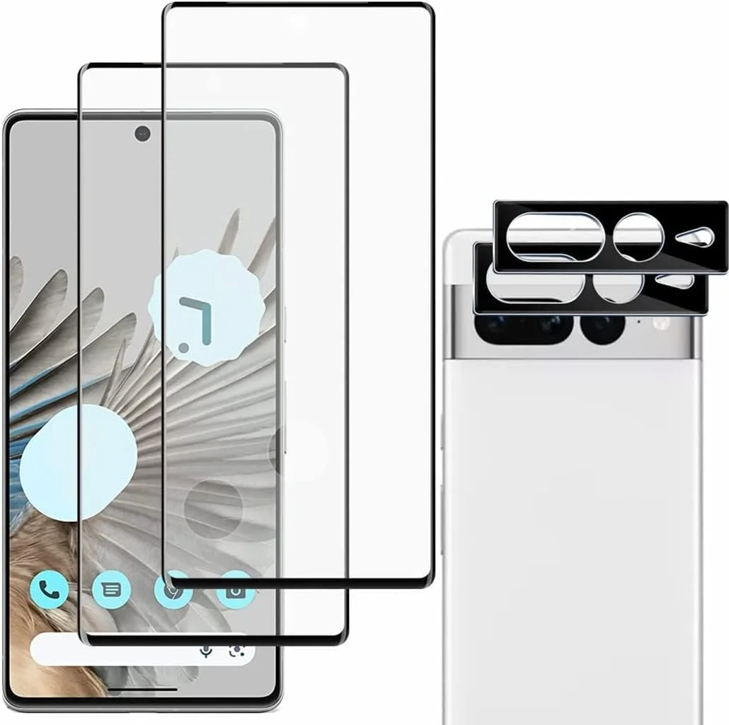 محافظ صفحه نمایش شیشه ای سازگار با گوگل پیکسل 7 پرو AZISEN [بسته 2+2] شامل [محافظ صفحه نمایش شیشه ای حرارت دیده + محافظ لنز دوربین شیشه ای حرارت دیده]، سختی 9H، ضد اثر انگشت