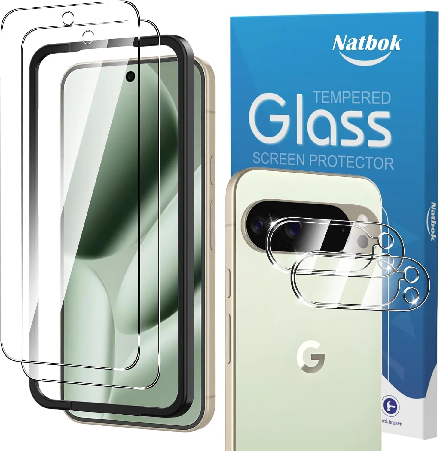 محافظ صفحه نمایش شیشه ای حرارت دیده Natbok (2+2 عدد) برای Google Pixel 10 Pro XL 6.8 اینچ، محافظت با محافظ دوربین عقب، محافظ صفحه نمایش HD [بدون حباب] برای Pixel 10 Pro XL، ابزار تراز آسان