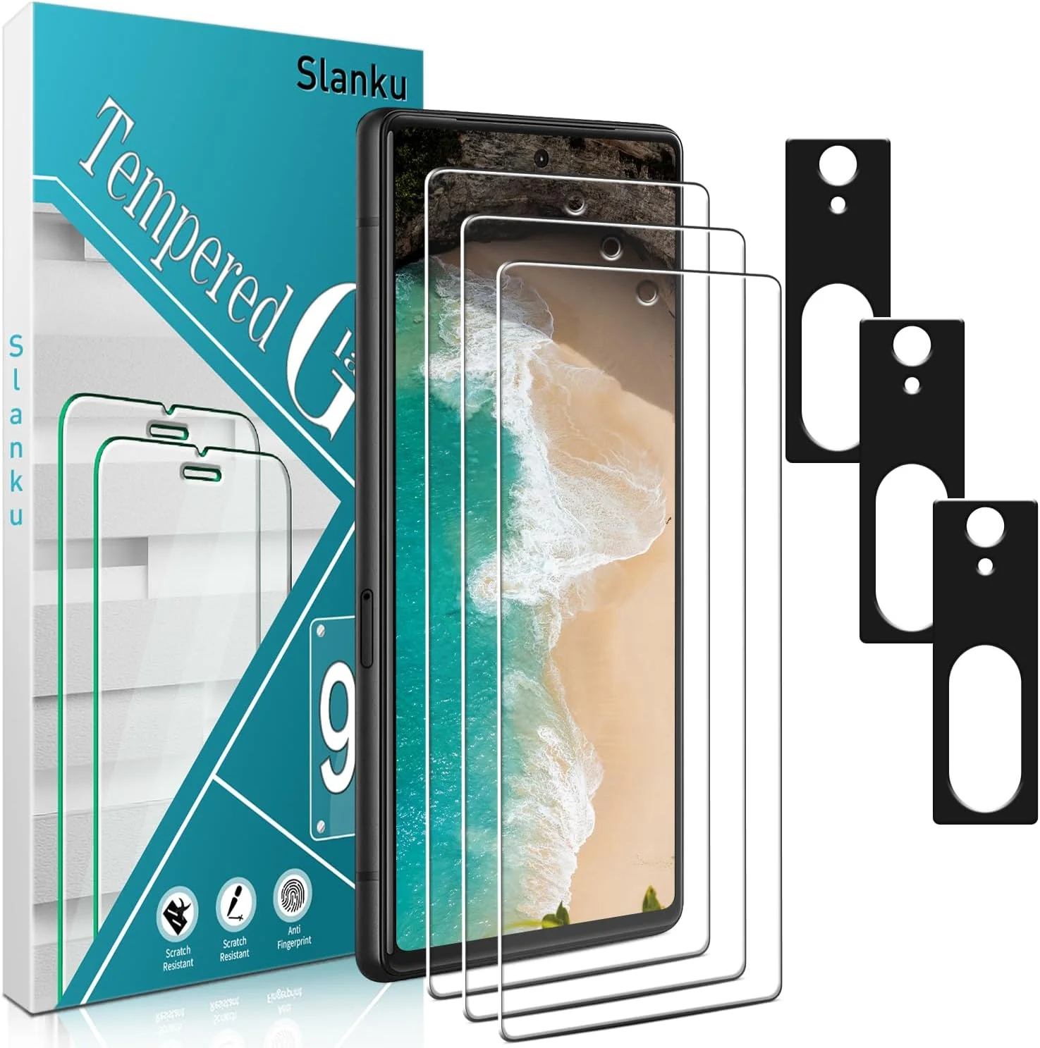 محافظ صفحه نمایش اسلنکو [بسته 3+3] شیشه حرارت دیده برای گوگل پیکسل 7 به همراه محافظ لنز دوربین، پشتیبانی از حسگر اثر انگشت، بدون حباب، ضد خش