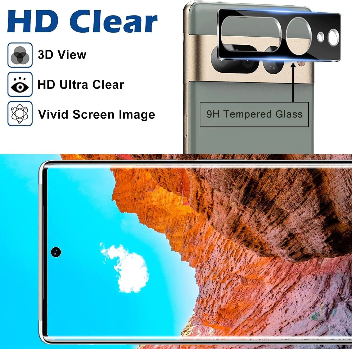 محافظ صفحه نمایش شیشه ای سازگار با گوگل پیکسل 7 پرو AZISEN [بسته 2+2] شامل [محافظ صفحه نمایش شیشه ای حرارت دیده + محافظ لنز دوربین شیشه ای حرارت دیده]، سختی 9H، ضد اثر انگشت