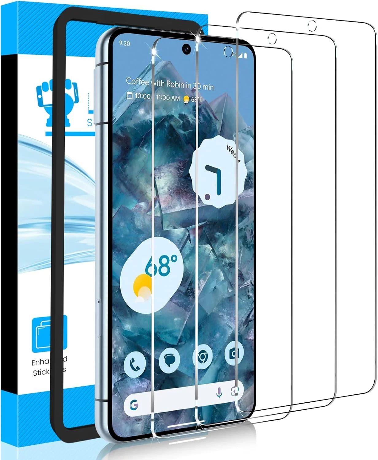 محافظ صفحه نمایش LYWHL برای گوگل پیکسل 8 پرو، بسته 3 عددی، فیلم شیشه ای حرارت دیده با لوازم جانبی قاب نصب آسان، لمس حساس و باز کردن قفل اثر انگشت، بدون حباب و سازگار با قاب گوشی