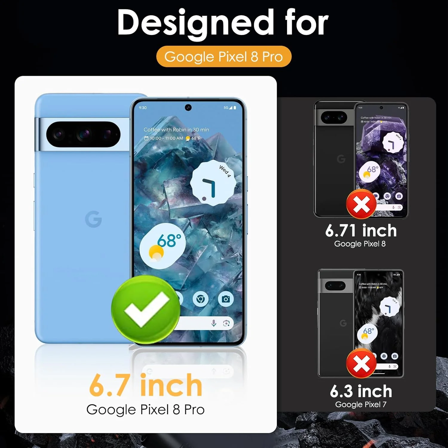 محافظ صفحه نمایش LYWHL برای گوگل پیکسل 8 پرو، بسته 3 عددی، فیلم شیشه ای حرارت دیده با لوازم جانبی قاب نصب آسان، لمس حساس و باز کردن قفل اثر انگشت، بدون حباب و سازگار با قاب گوشی