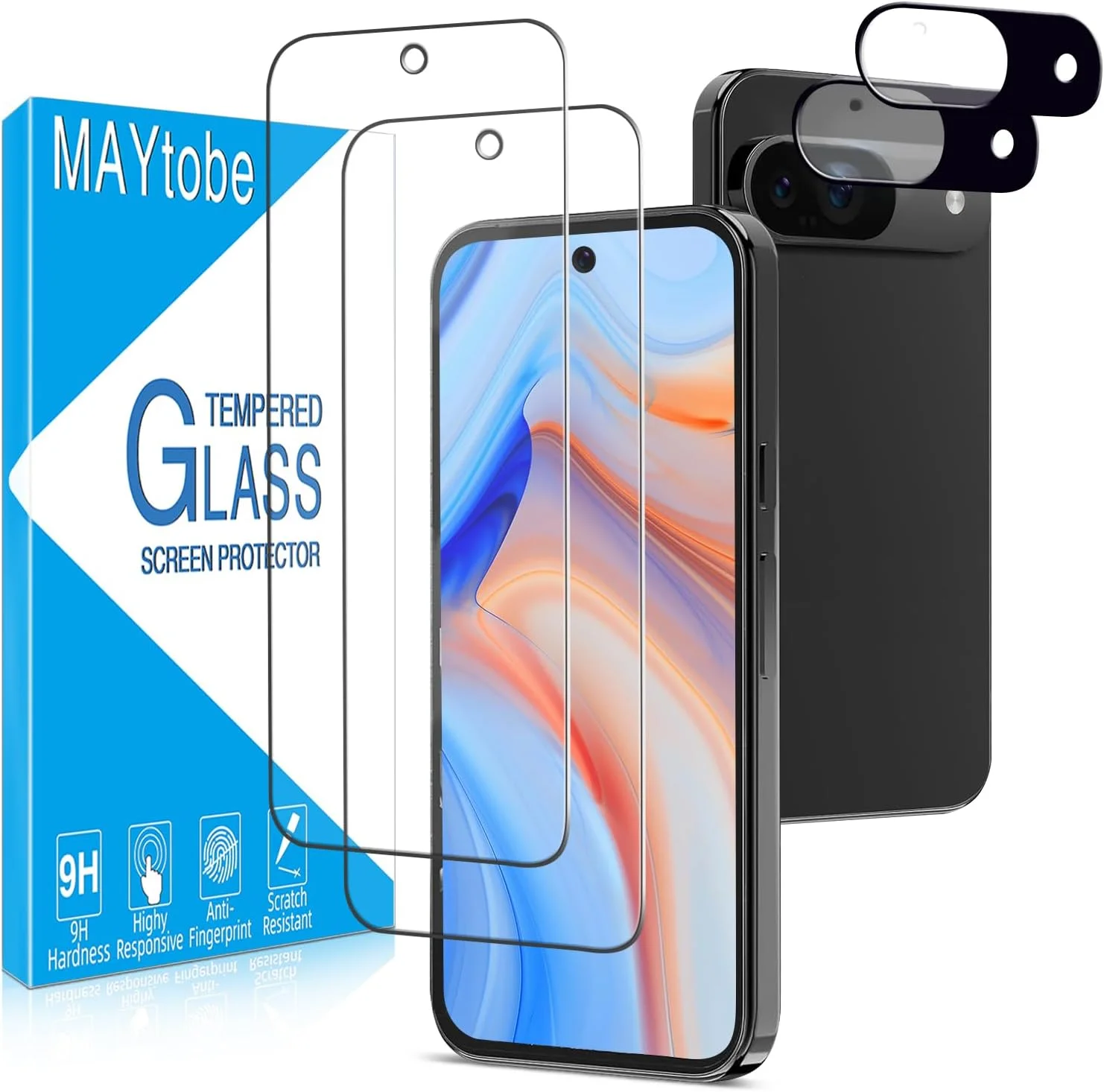 محافظ صفحه نمایش MAYtobe [بسته 2 عددی] شیشه حرارت دیده برای گوگل پیکسل 9 به همراه محافظ لنز دوربین [بسته 2 عددی]، سختی 9H، سازگار با قاب، بدون حباب، ضد خش، نصب آسان