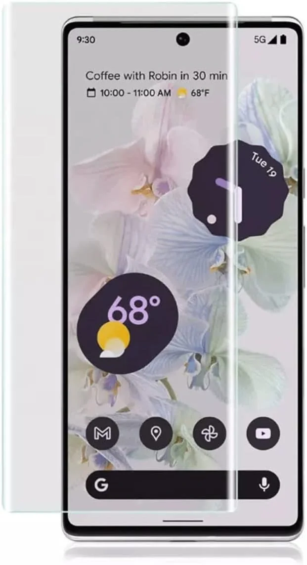 محافظ صفحه نمایش شیشه ای خمیده شفاف Muzz سازگار با Google Pixel 7 Pro به همراه لامپ UV محافظ صفحه نمایش شیشه ای خمیده شفاف Muzz سازگار با Google Pixel 7 Pro به همراه لامپ UV