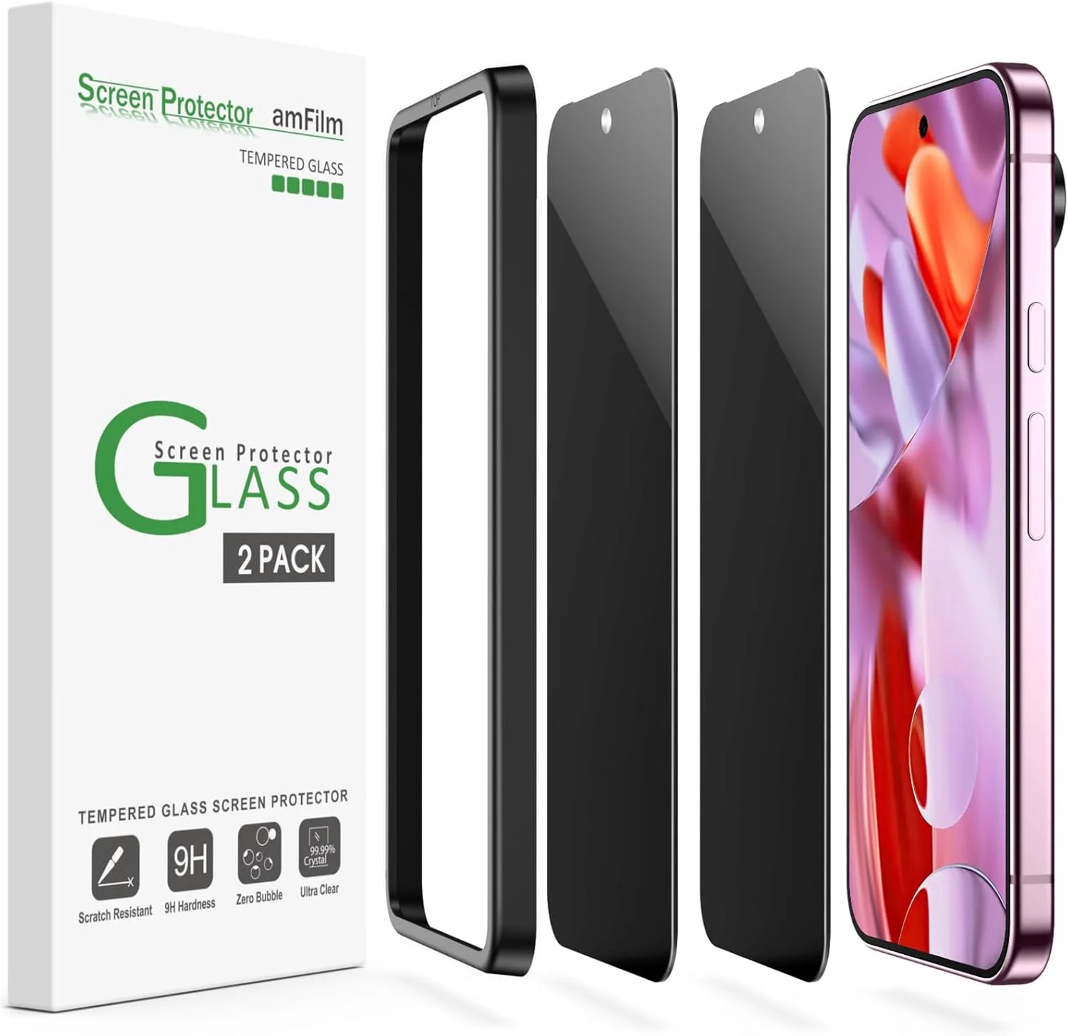 محافظ صفحه نمایش حریم خصوصی amFilm [بسته 2 عددی] برای گوگل پیکسل 9 پرو XL 2024، شیشه حرارت دیده، سازگار با اثر انگشت اولتراسونیک، با قاب نصب آسان، ضد خش، بدون حباب، سازگار با قاب