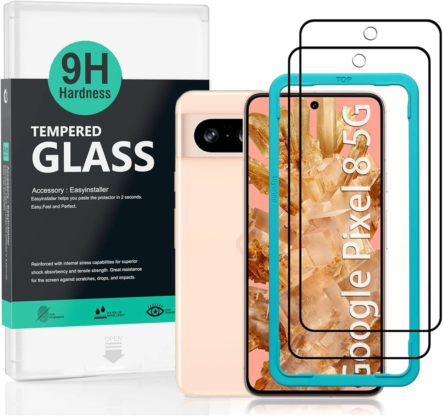 محافظ صفحه نمایش شیشه ای Ibywind برای گوگل پیکسل 8 5G سایز 6.2 اینچ، بسته 2 عددی با سختی 9H، همراه با 1 عدد محافظ پشت فیبر کربن، نصب آسان