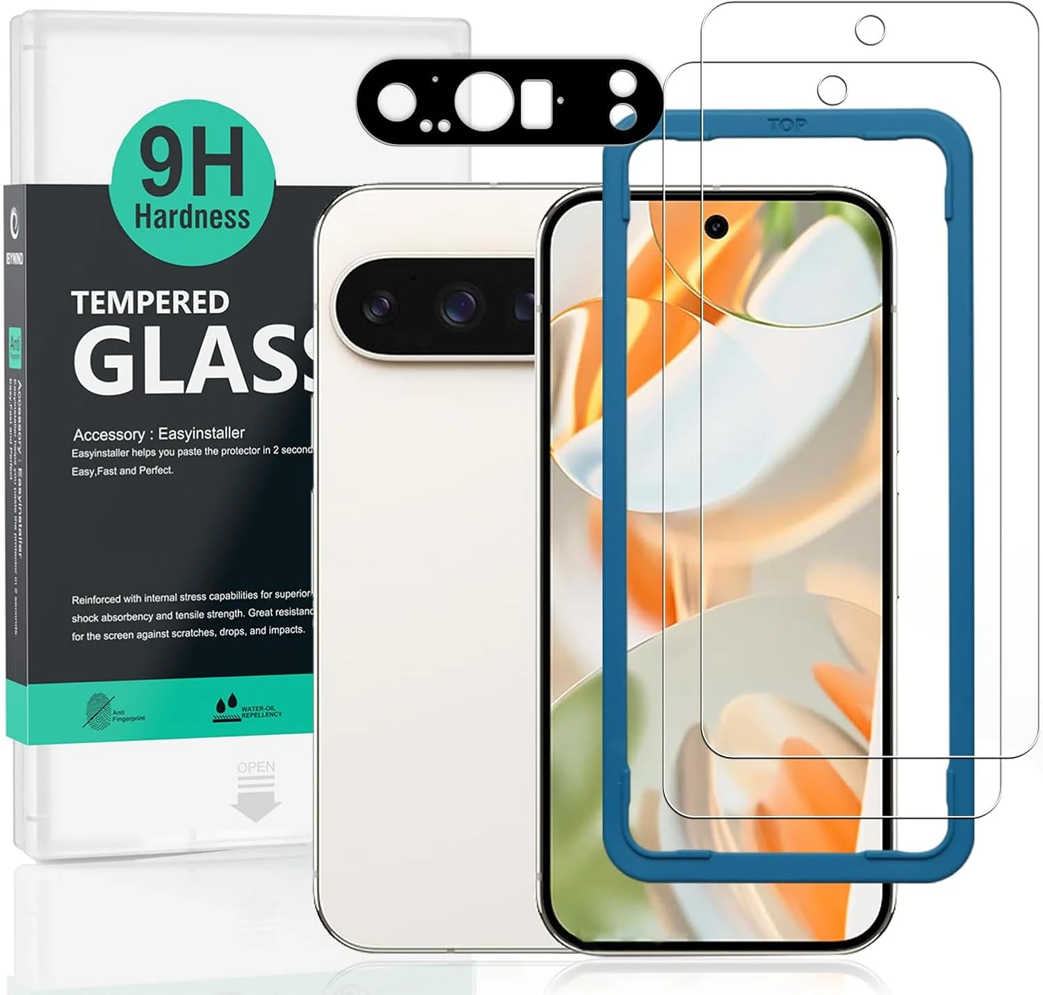 محافظ صفحه نمایش شیشه ای سخت شده Ibywind برای Google Pixel 9 Pro 5G سایز 6.34 اینچ، بسته 2 عددی با سختی 9H، همراه با 1 عدد محافظ لنز دوربین، نصب آسان