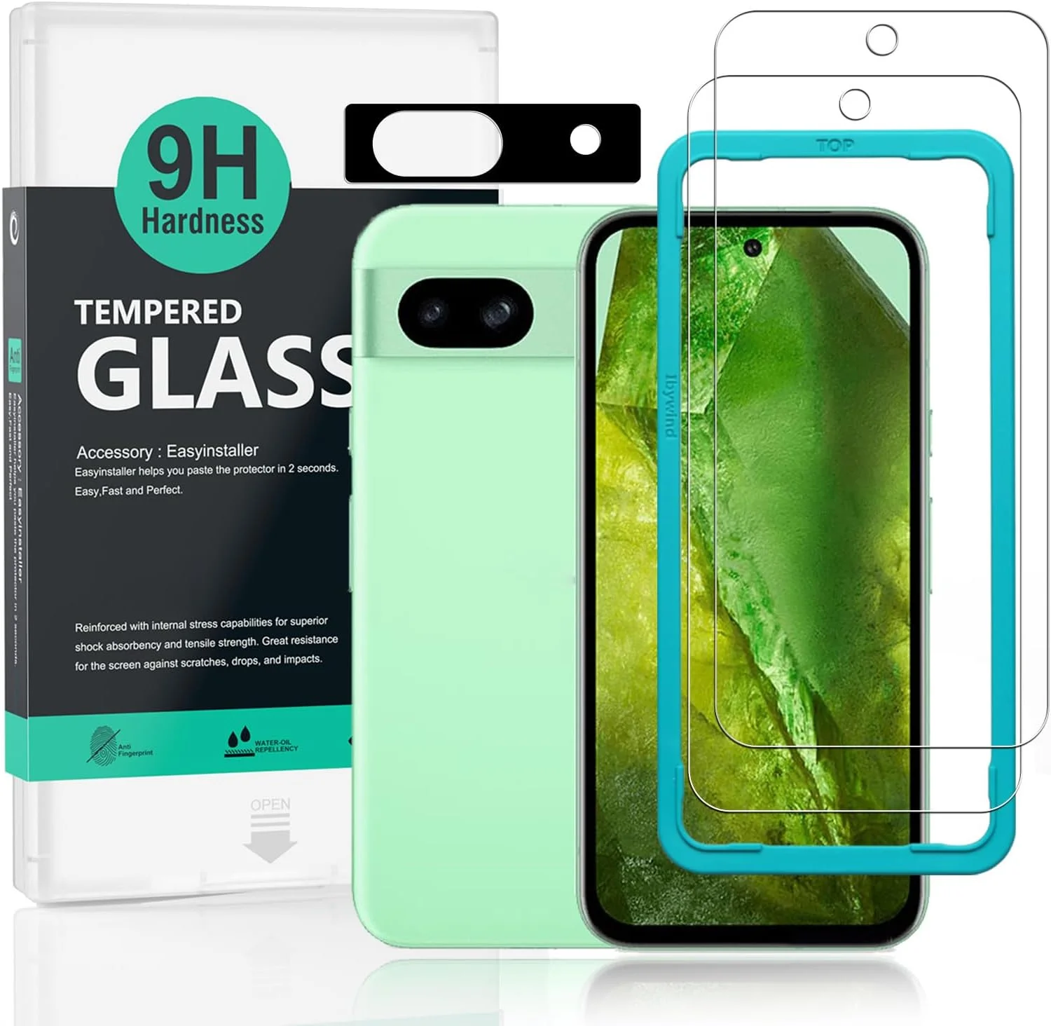 محافظ صفحه نمایش شیشه ای سخت شده Ibywind برای گوگل پیکسل 8a 5G، 6.1 اینچ، بسته 2 عددی، سختی 9H، همراه با 1 عدد محافظ لنز دوربین، نصب آسان