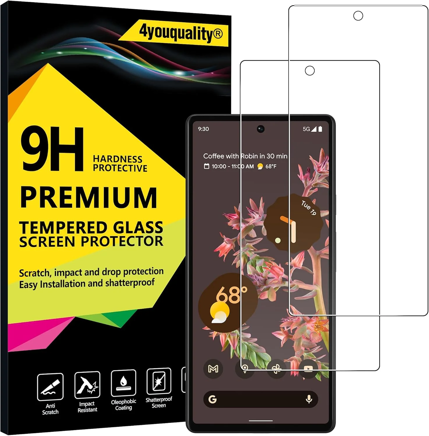 محافظ صفحه نمایش 4youquality برای گوگل پیکسل 6 (6.4 اینچ)، فیلم شیشه ای حرارت دیده 9H، بسته 2 عددی، [مقاوم در برابر ضربه] [ضد خش]