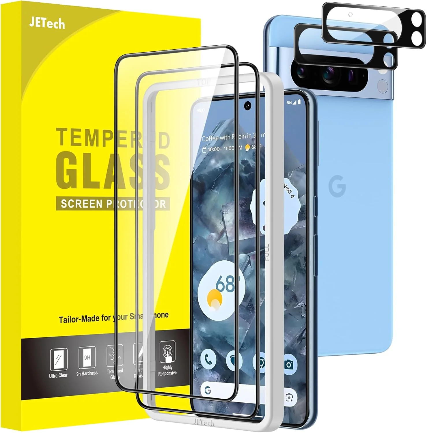 محافظ صفحه نمایش پوشش کامل JETech برای گوگل پیکسل 8 پرو به همراه محافظ لنز دوربین، فیلم شیشه ای حرارت دیده، ابزار نصب آسان، سازگار با اثر انگشت، وضوح HD، 2 عدد در هر بسته