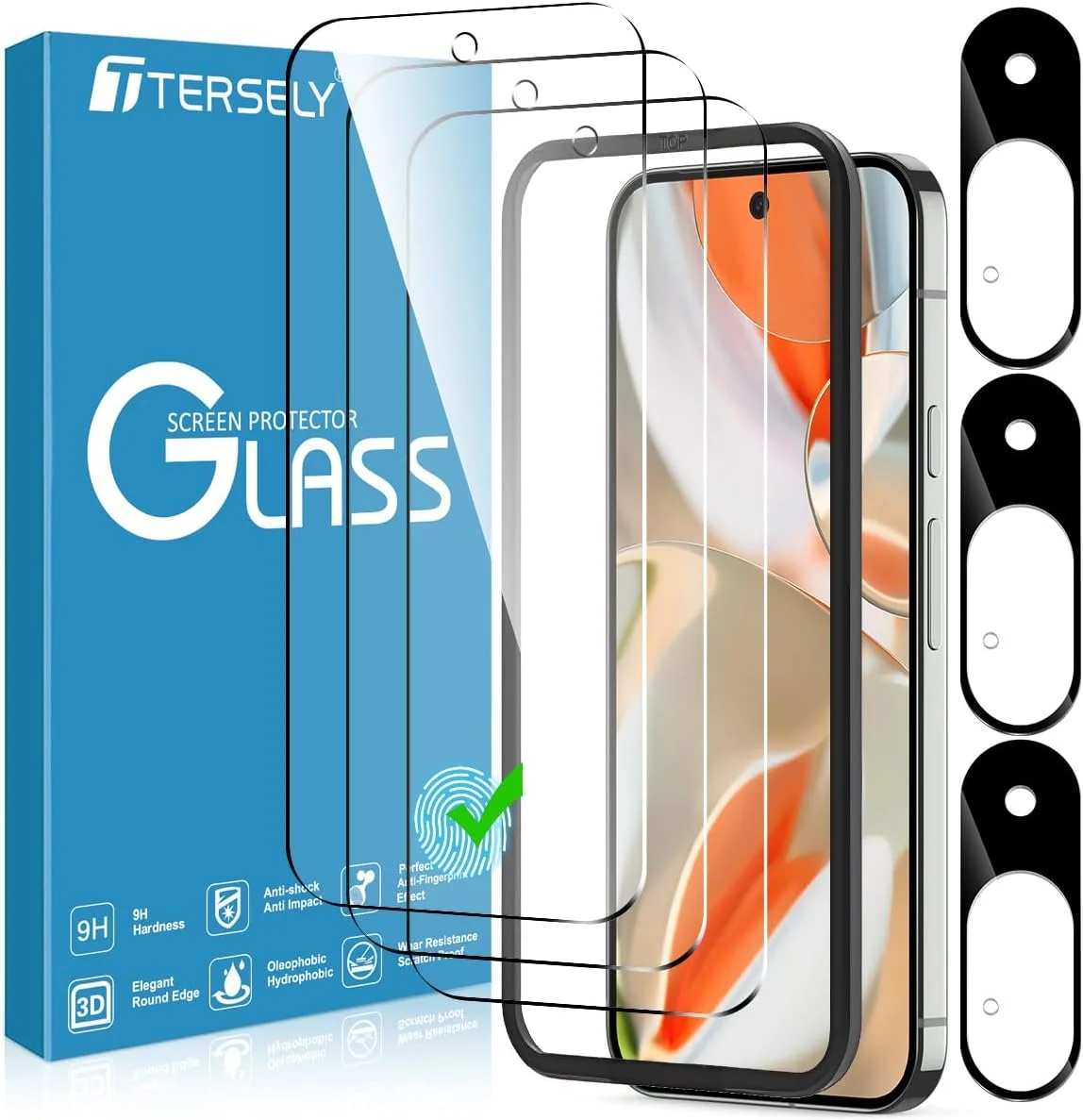 محافظ صفحه نمایش شیشه ای حرارت دیده T Tersely [بسته 3+3 عددی] برای گوگل پیکسل 9 پرو 2024، به همراه محافظ لنز دوربین و قاب تراز نصب، سازگار با قاب، شفاف HD - 3 بسته عددی