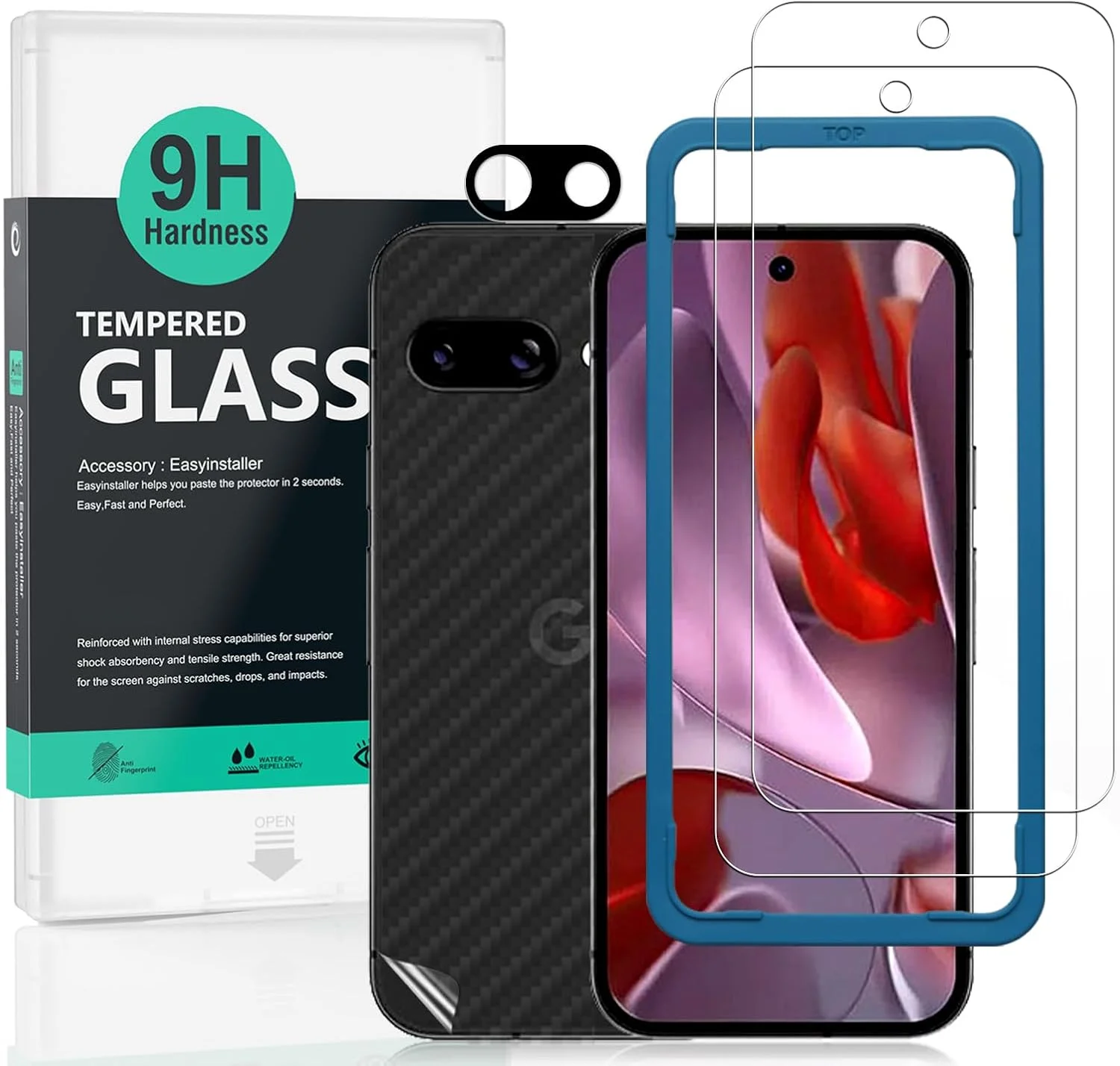محافظ صفحه نمایش 2 عددی Ibywind برای گوگل پیکسل 9a 5G 6.3 اینچی، شیشه حرارت دیده با سختی 9H، همراه با 1 عدد محافظ لنز دوربین، 1 عدد فیلم فیبر کربنی پشت، نصب آسان