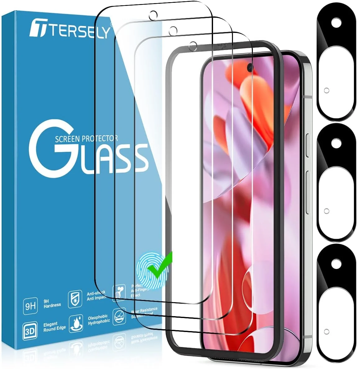 محافظ صفحه نمایش شیشه ای حرارت دیده T Tersely [بسته 3+3 عددی] برای گوگل پیکسل 9 به همراه محافظ لنز دوربین و قاب تراز نصب، سازگار با قاب، شفاف HD - 3 عدد در هر بسته
