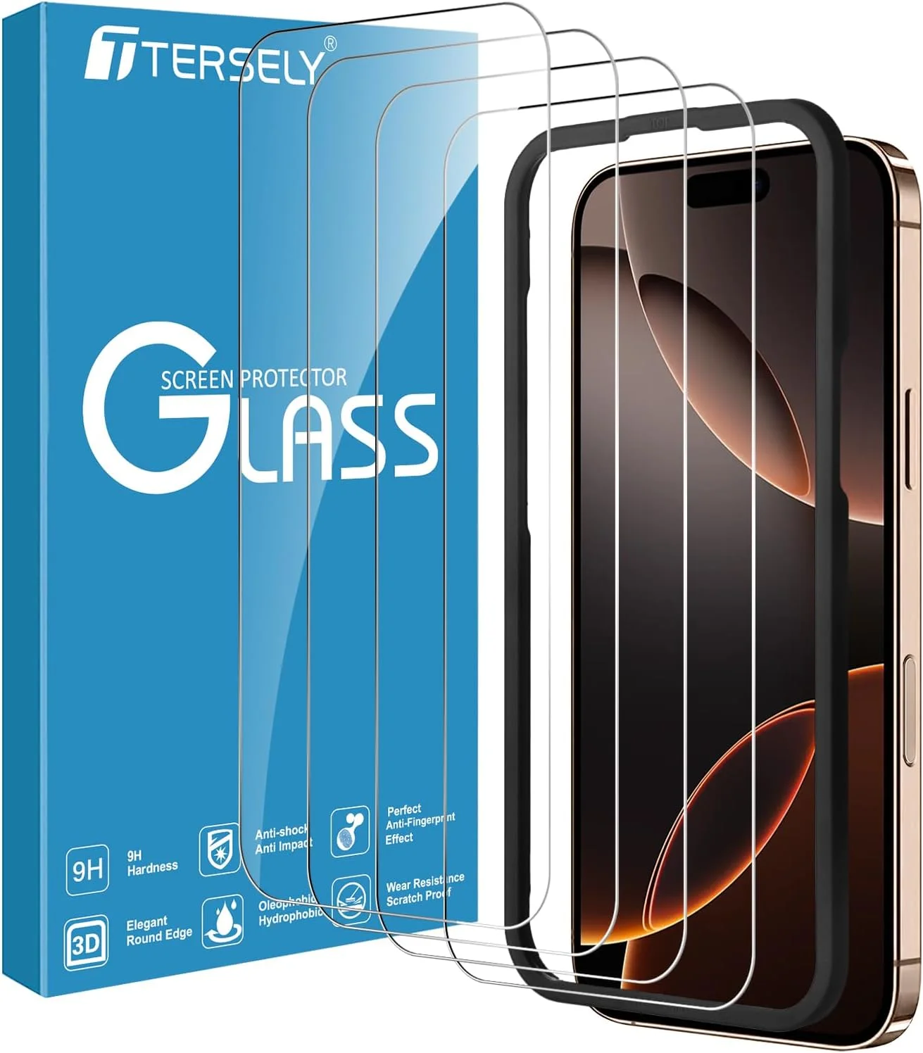 محافظ صفحه نمایش شیشه ای [بسته 4 عددی] T Tersely برای آیفون 16 پرو (6.3 اینچ)، شیشه حرارت دیده با قاب نصب تراز، سازگار با قاب، شفاف HD