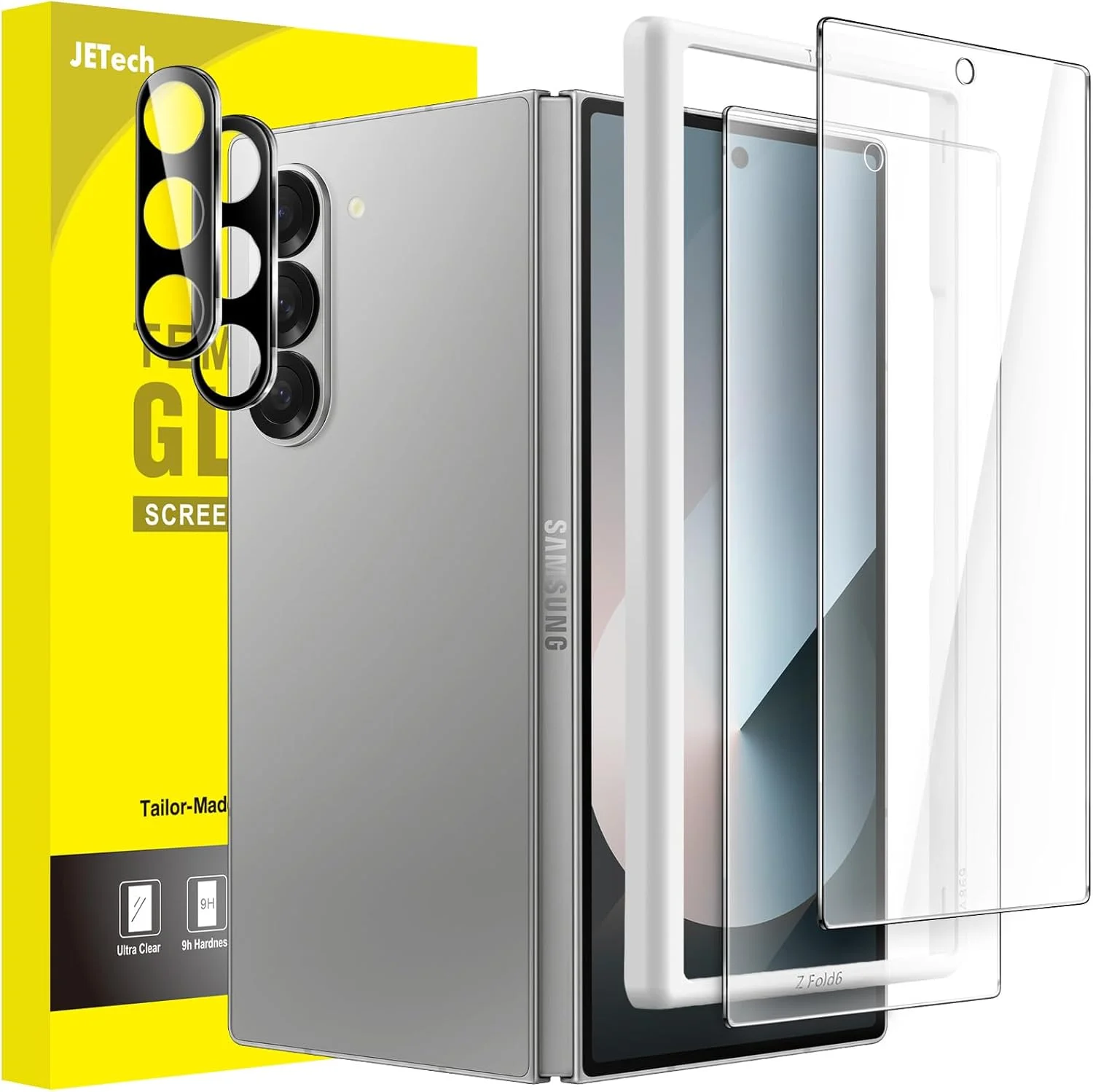 محافظ صفحه نمایش جلویی JETech برای گوشی سامسونگ گلکسی زد فولد 6 به همراه محافظ لنز دوربین، ابزار نصب آسان، فیلم شیشه ای حرارت دیده 9H، ضد خش، شفافیت HD، 2 عدد در هر بسته
