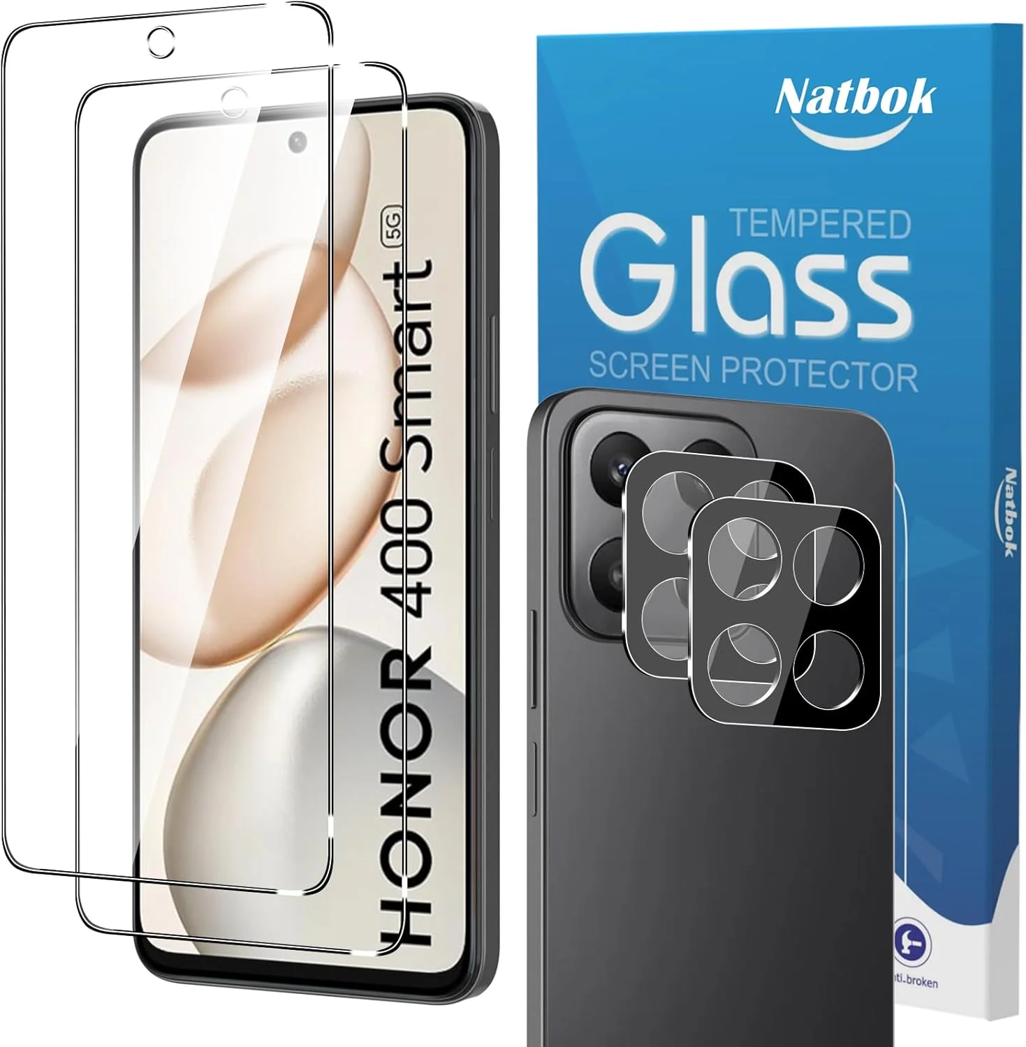 محافظ صفحه نمایش شیشه ای حرارت دیده Natbok (بسته 2+2) برای گوشی Honor 400 Smart 5G 6.77 اینچ و محافظ لنز دوربین، سختی 9H، فوق العاده مقاوم، ضد اثر انگشت، بدون حباب، فیلم HD شفاف برای Honor 400 Smart