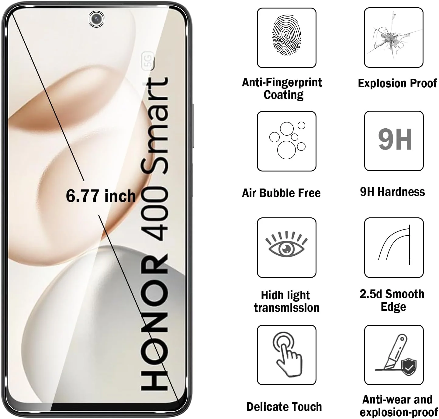 محافظ صفحه نمایش شیشه ای حرارت دیده Natbok (بسته 2+2) برای گوشی Honor 400 Smart 5G 6.77 اینچ و محافظ لنز دوربین، سختی 9H، فوق العاده مقاوم، ضد اثر انگشت، بدون حباب، فیلم HD شفاف برای Honor 400 Smart