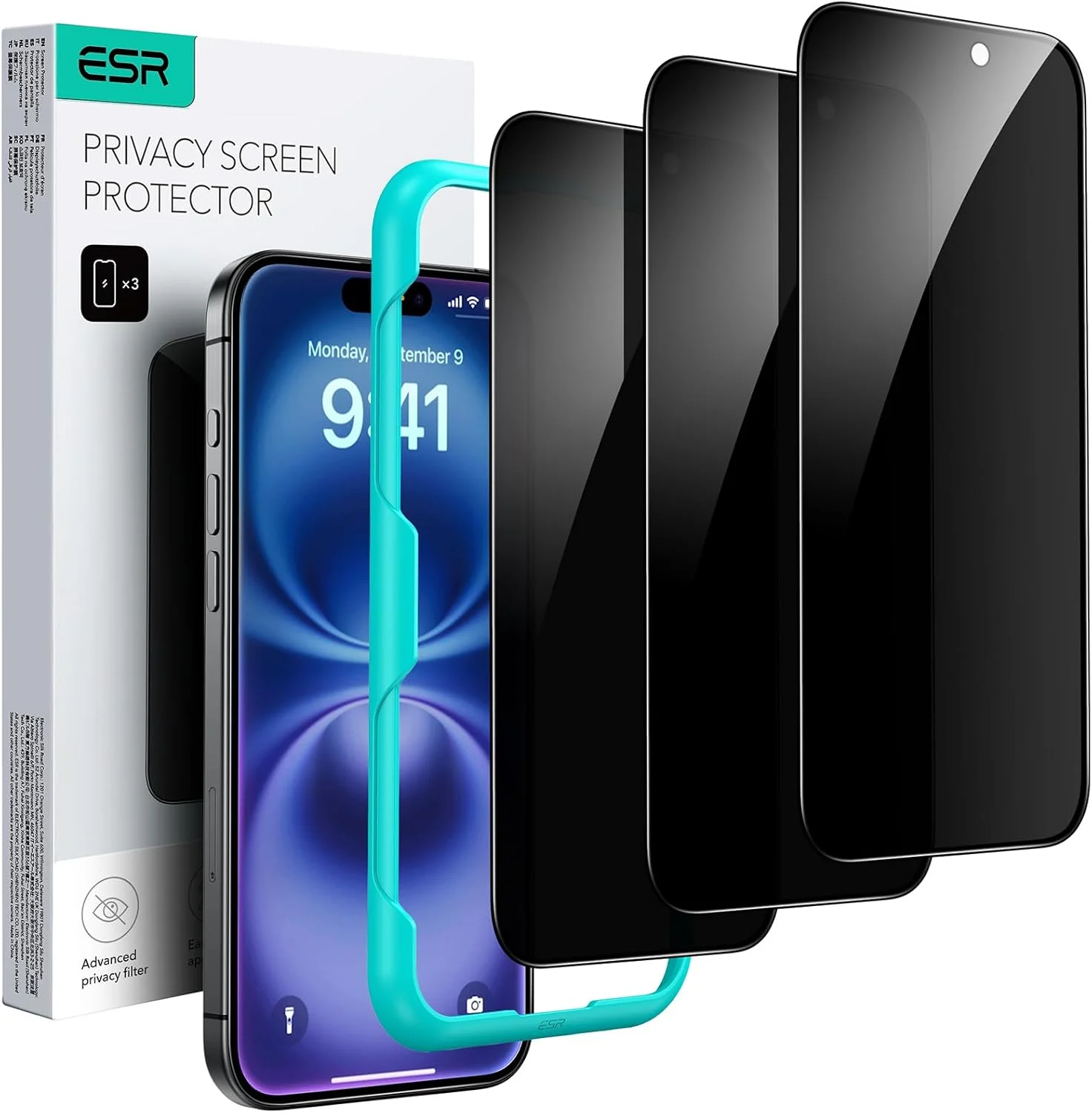 محافظ صفحه نمایش حریم خصوصی ESR سه عددی برای آیفون 16 / آیفون 15، محافظ صفحه نمایش شیشه ای حرارت دیده ضد جاسوسی با ابزار نصب آسان، لبه های میکرو منحنی، سازگار با قاب
