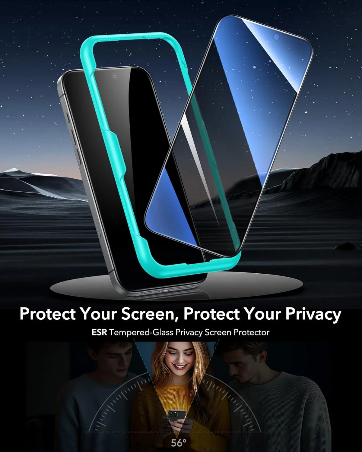 محافظ صفحه نمایش حریم خصوصی ESR سه عددی برای آیفون 16 / آیفون 15، محافظ صفحه نمایش شیشه ای حرارت دیده ضد جاسوسی با ابزار نصب آسان، لبه های میکرو منحنی، سازگار با قاب