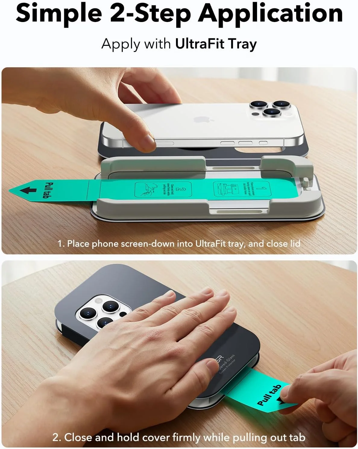 محافظ صفحه نمایش آیفون 15 پرو مکس ESR، بسته 3 عددی، مقاوم در برابر شکستگی درجه نظامی، سختی 9H، شیشه حرارت دیده با پوشش کامل و سینی UltraFit