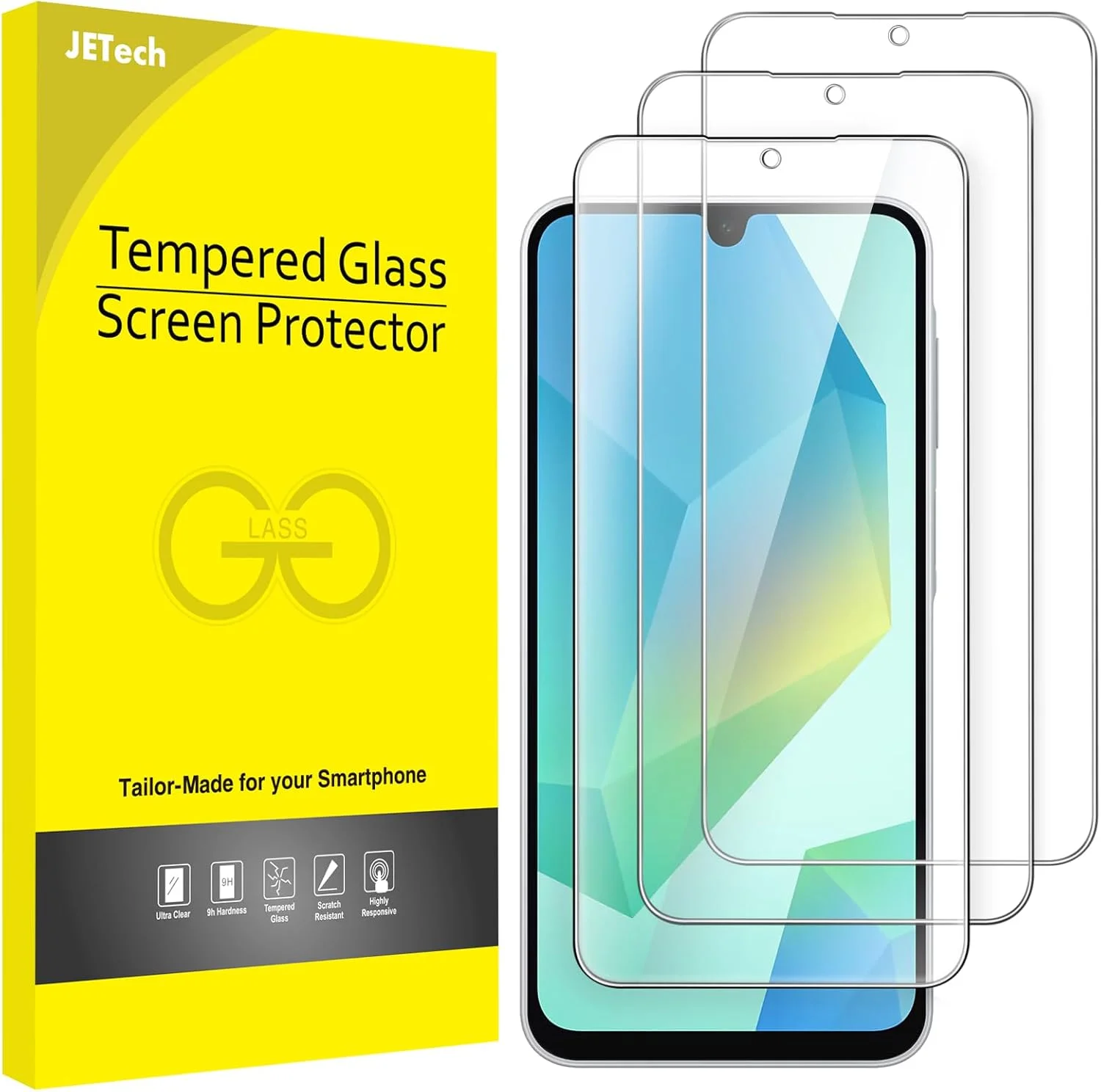 محافظ صفحه نمایش JETech برای گوشی سامسونگ گلکسی A16 5G / 4G با صفحه نمایش 6.7 اینچی، فیلم شیشه ای حرارت دیده 9H، ضد خش، شفافیت HD، بسته 3 عددی