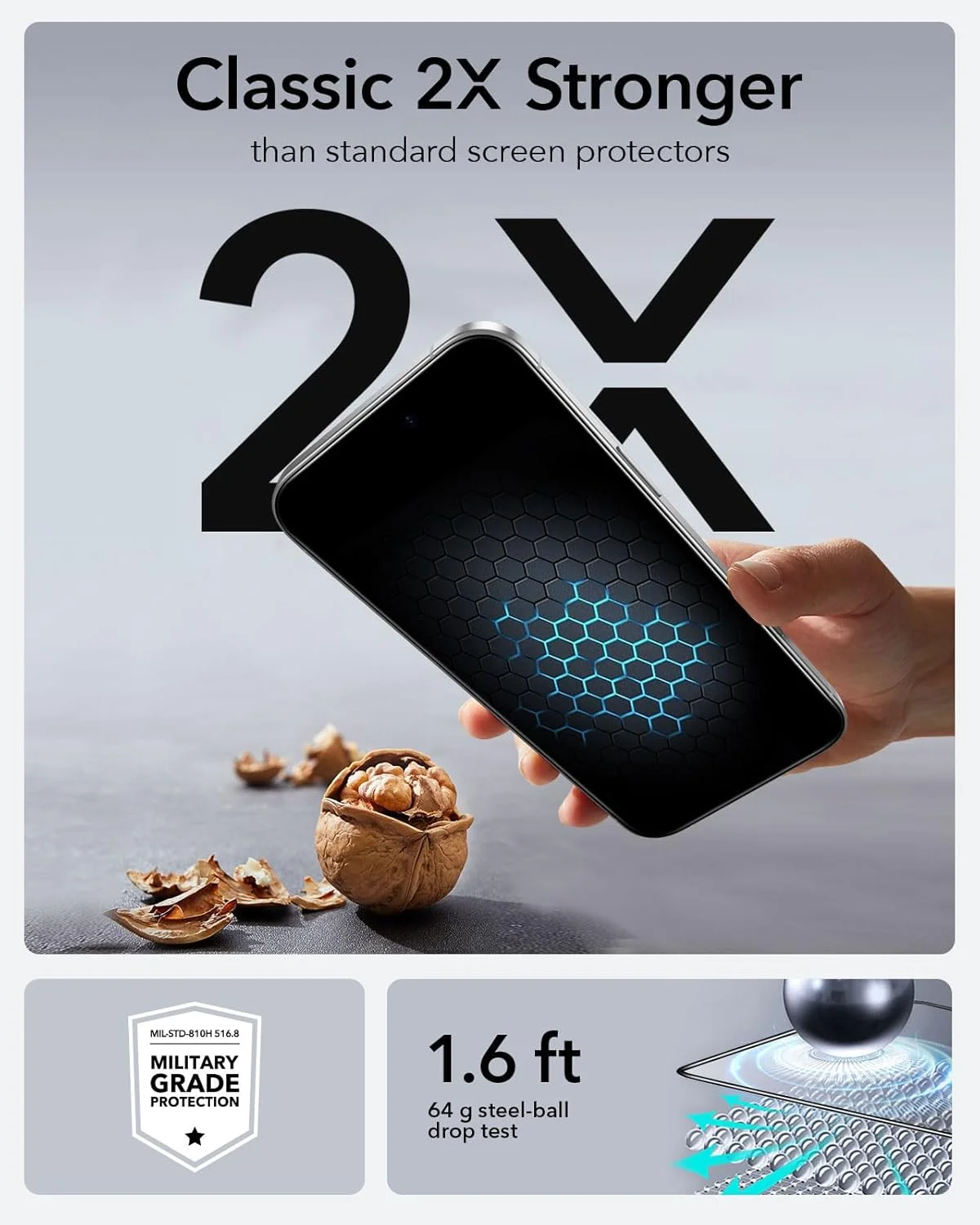 محافظ صفحه نمایش آیفون 15 پرو مکس ESR، بسته 3 عددی، مقاوم در برابر شکستگی درجه نظامی، سختی 9H، شیشه حرارت دیده با پوشش کامل و سینی UltraFit