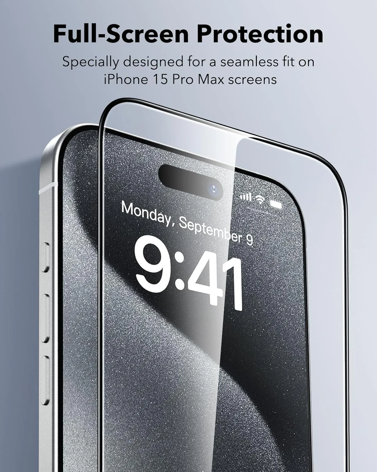 محافظ صفحه نمایش آیفون 15 پرو مکس ESR، بسته 3 عددی، مقاوم در برابر شکستگی درجه نظامی، سختی 9H، شیشه حرارت دیده با پوشش کامل و سینی UltraFit