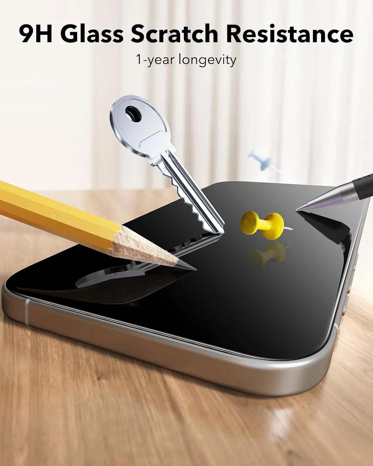 محافظ صفحه نمایش آیفون 15 پرو مکس ESR، بسته 3 عددی، مقاوم در برابر شکستگی درجه نظامی، سختی 9H، شیشه حرارت دیده با پوشش کامل و سینی UltraFit