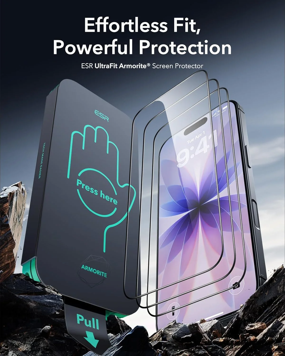 محافظ صفحه نمایش شیشه ای 9H+ سه عددی ESR برای آیفون 16 پرو، شیشه حرارت دیده فوق العاده سخت Armorite