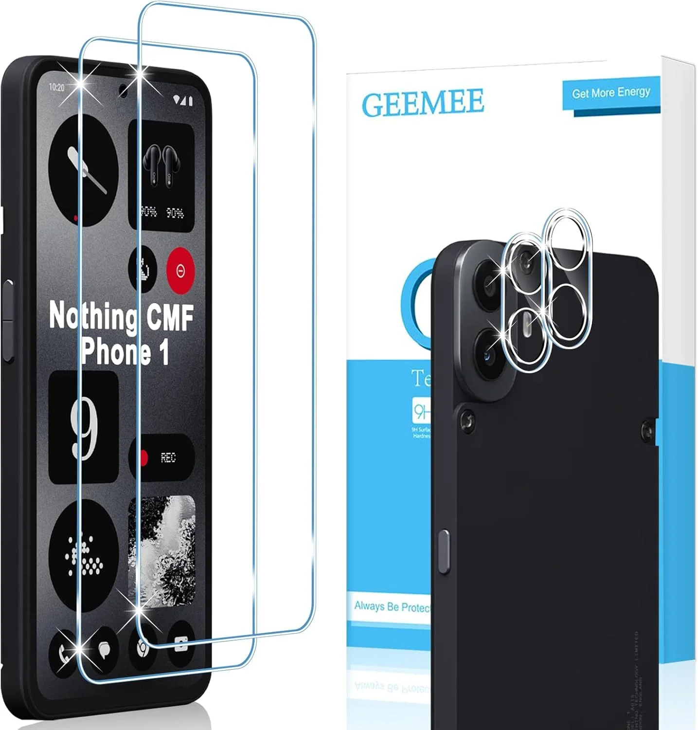 محافظ صفحه نمایش شیشه ای حرارتی GEEMEE برای Nothing CMF Phone 1 به همراه محافظ لنز دوربین، 2 عدد محافظ صفحه نمایش + 2 عدد محافظ لنز دوربین: محافظ صفحه نمایش شیشه ای حرارتی با سختی 9H و حساسیت بالا