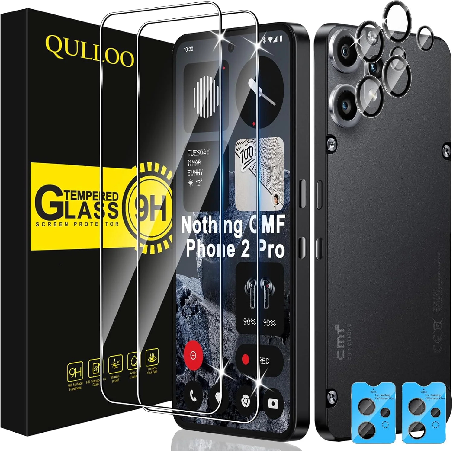 محافظ صفحه نمایش شیشه ای QULLOO برای گوشی Nothing CMF Phone 2 Pro، شامل 2 عدد محافظ صفحه نمایش و 2 عدد محافظ لنز دوربین عقب، فیلم محافظ با سختی 9H، وضوح HD و ضد خش