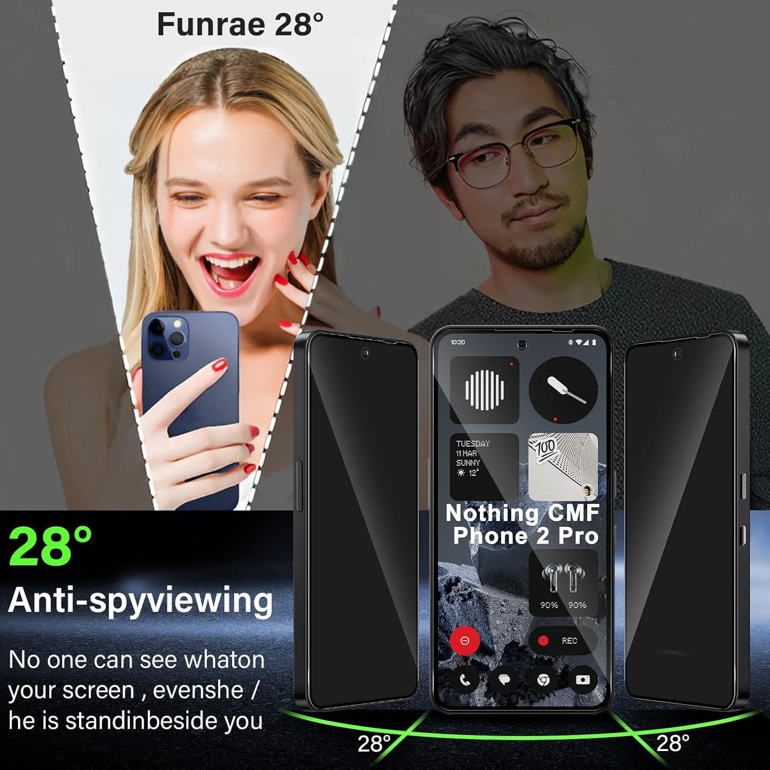 محافظ صفحه نمایش حریم خصوصی تمام صفحه Funrae برای Nothing CMF Phone 2 Pro/Phone 3A از جنس شیشه حرارت دیده، فیلم ضد جاسوسی با سختی 9H، شیشه محافظ حریم خصوصی، محافظ صفحه نمایش ضد جاسوسی [بسته 2 عددی]