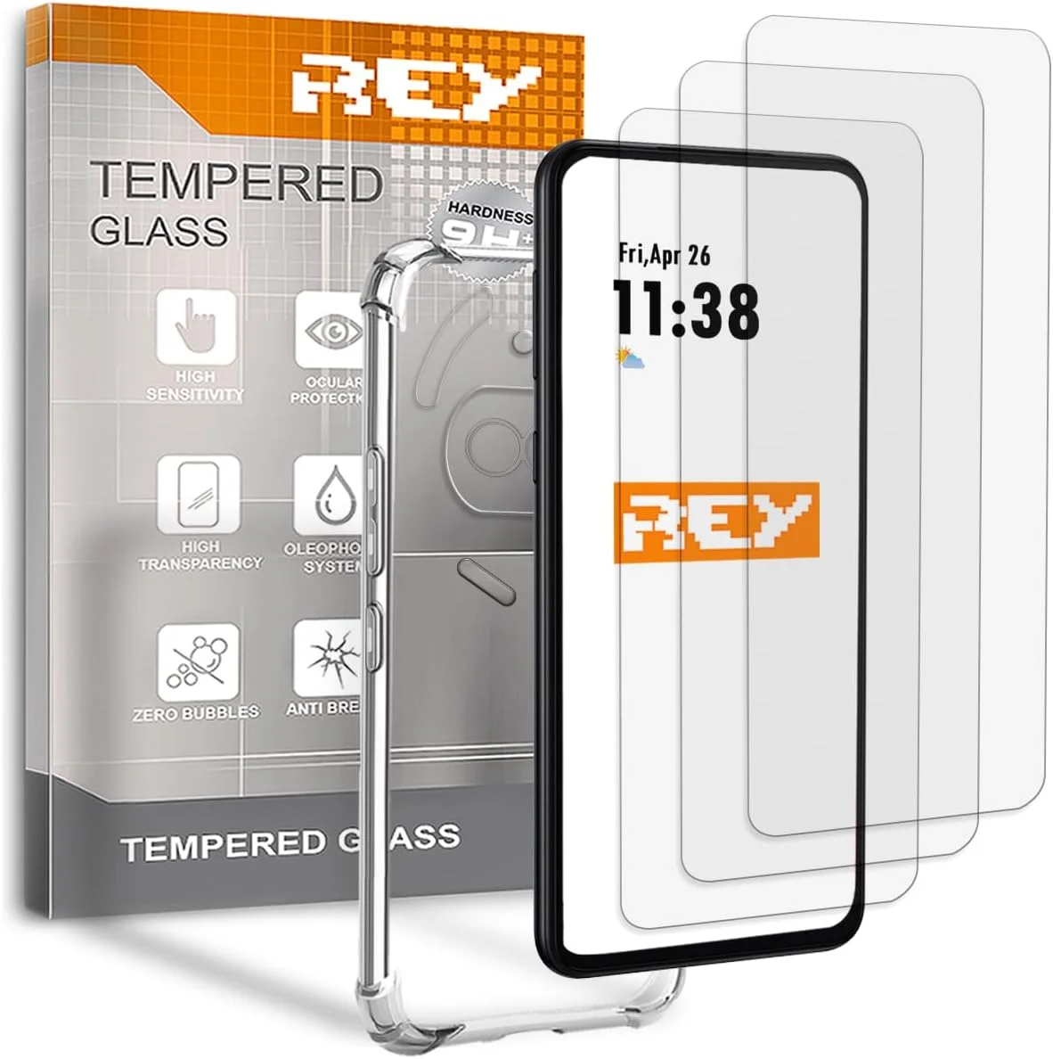 محافظ صفحه نمایش ضد ضربه REY مدل 3x برای Nothing Phone 3A، شیشه حرارت دیده و TPU سیلیکونی با مقاومت بالا