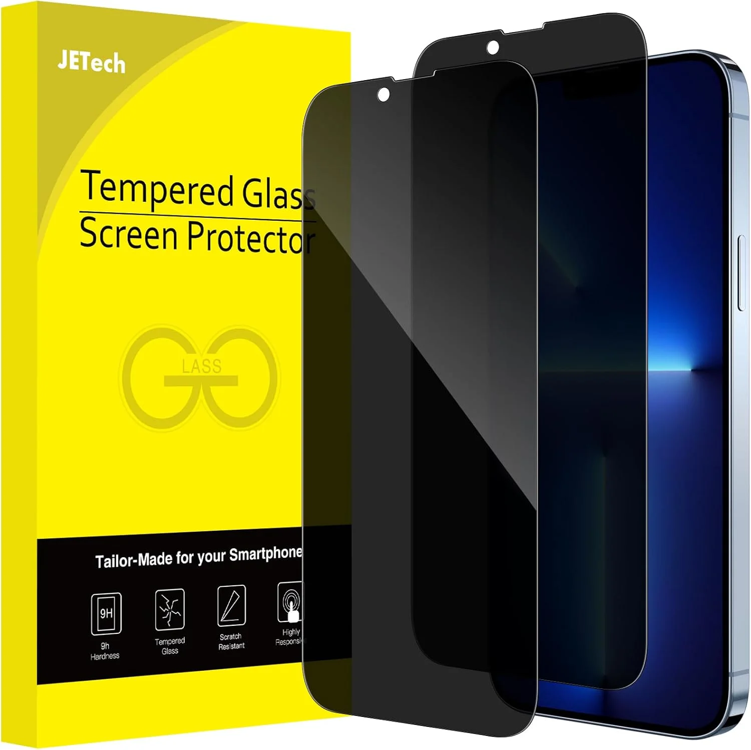 محافظ صفحه نمایش حریم خصوصی JETech با پوشش کامل برای آیفون 13 پرو مکس 6.7 اینچی، فیلم شیشه ای حرارت دیده ضد جاسوسی، محافظت لبه به لبه سازگار با قاب، 2 عددی