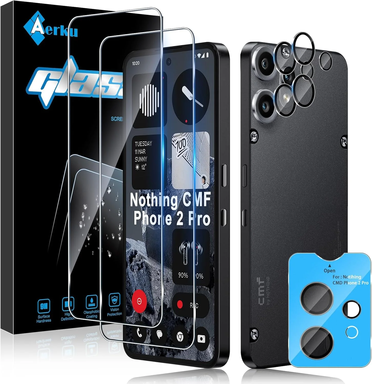 محافظ صفحه نمایش شیشه ای Aerku برای Nothing CMF Phone 2 Pro، [2 + 2 عدد] محافظ لنز دوربین ضد خش 9H، محافظ صفحه نمایش HD
