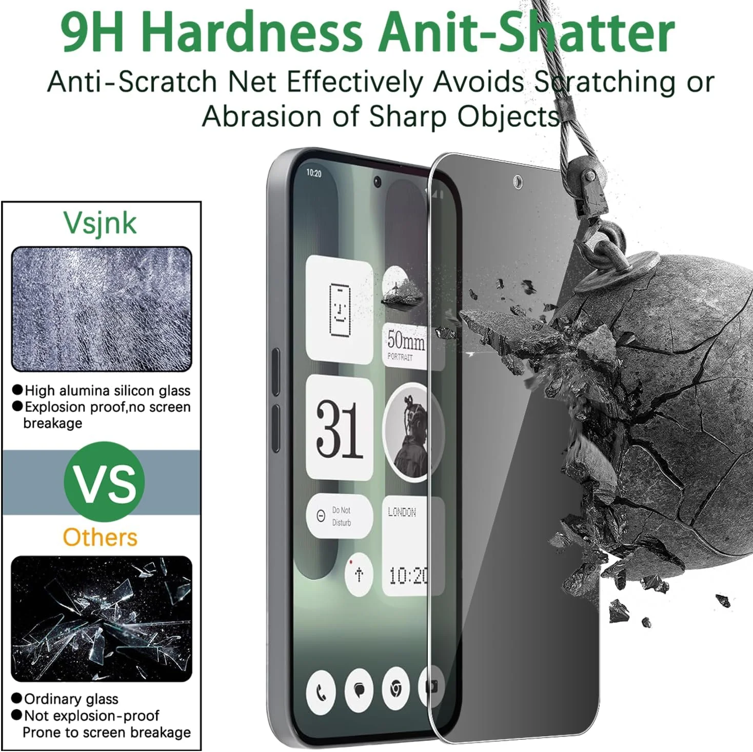 محافظ صفحه نمایش شیشه ای حرارت دیده Vsjnk سازگار با Nothing Phone 2a / (2a) Plus، محافظ صفحه نمایش ضد جاسوسی، 3 عدد محافظ صفحه نمایش HD شیشه ای با سختی 9H، بدون حباب و ضد خش