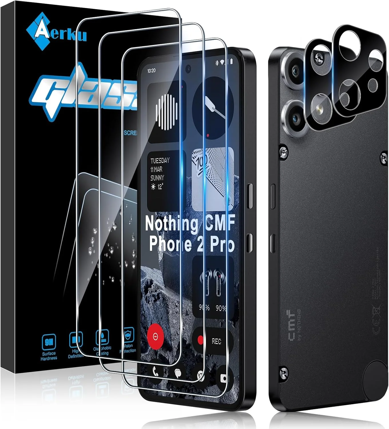 محافظ صفحه نمایش شیشه ای حرارت دیده Aerku، 3 عدد، برای گوشی Nothing CMF Phone 2 Pro به همراه 2 عدد محافظ لنز دوربین عقب، سختی 9H، ضد خش، محافظت سنگین