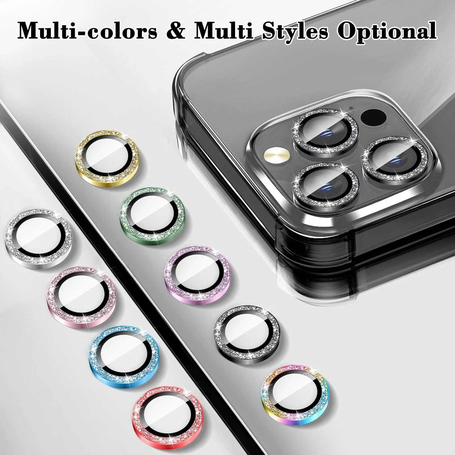 محافظ لنز دوربین نگین دار Kucheed Bling برای آیفون 16 پرو/آیفون 16 پرو مکس، برچسب فیلم پوشش دوربین شیشه ای حرارت دیده 9H اکلیلی، حلقه های فلزی جداگانه تراز خودکار درخشان لوازم جانبی تلفن