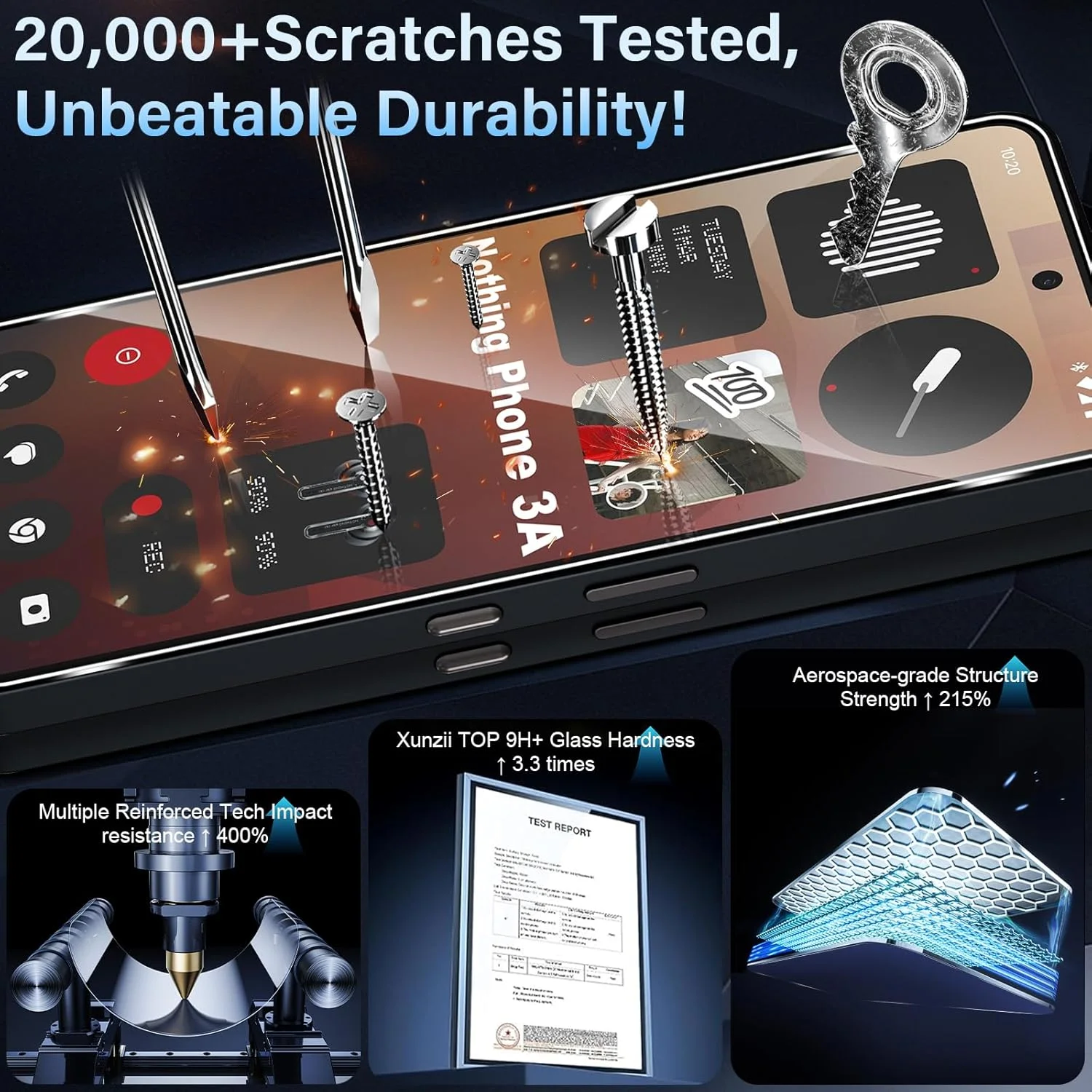 محافظ صفحه نمایش Xunzii برای ناتینگ فون 3A 5G، شیشه حرارت دیده با محافظ دوربین [2+2 تکه]، فیلم فوق العاده شفاف 0.33 میلی متر، محافظ صفحه نمایش با سختی 9H، فیلم شیشه ای حرارت دیده ضد حباب