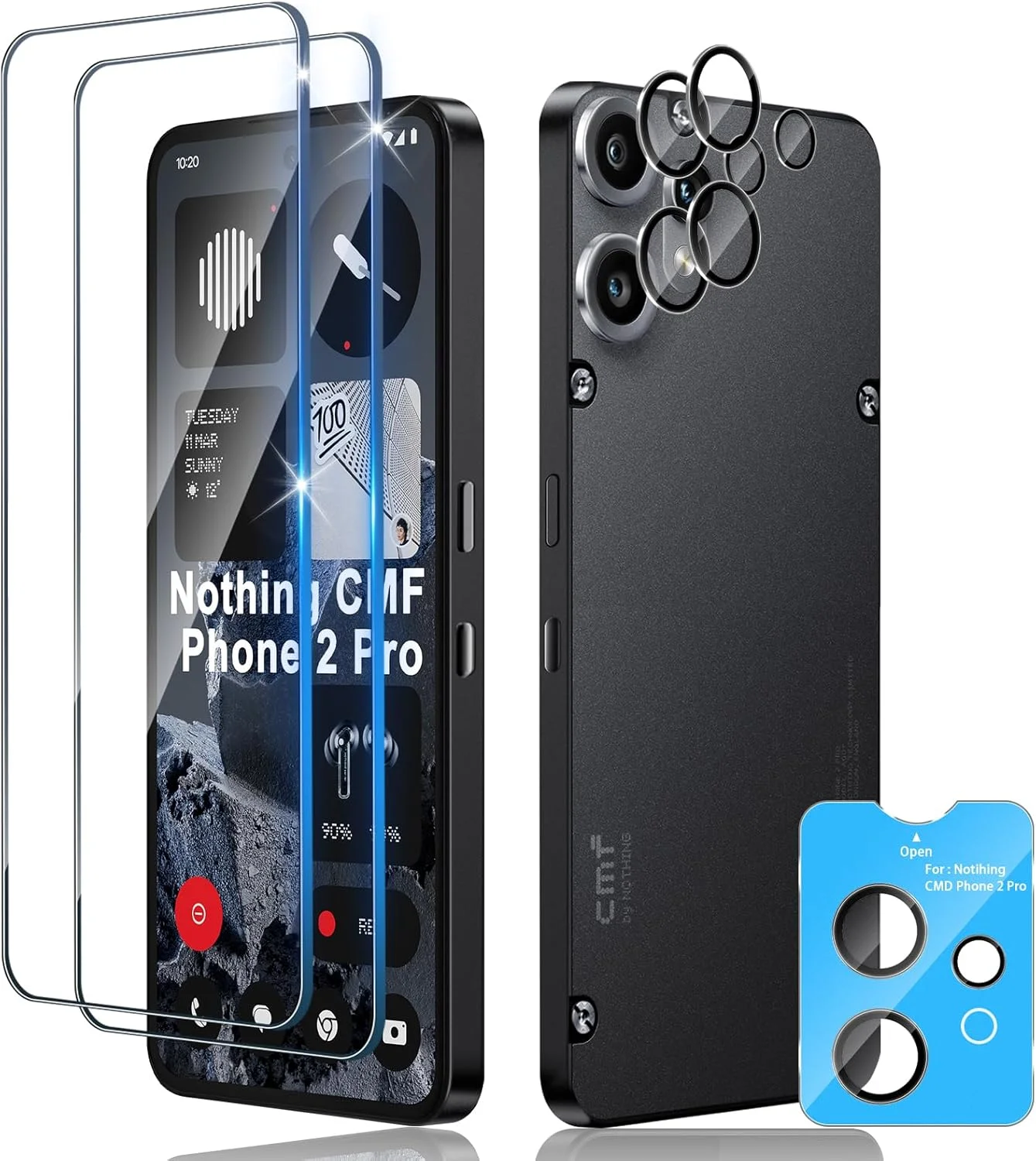 محافظ صفحه نمایش شیشه ای حرارتی Xunzii برای گوشی ناتینگ CMF Phone 2 Pro به همراه محافظ دوربین پشتی [2+2 تکه]، فیلم محافظ صفحه نمایش شیشه ای حرارتی فوق العاده مقاوم 9H HD بدون حباب