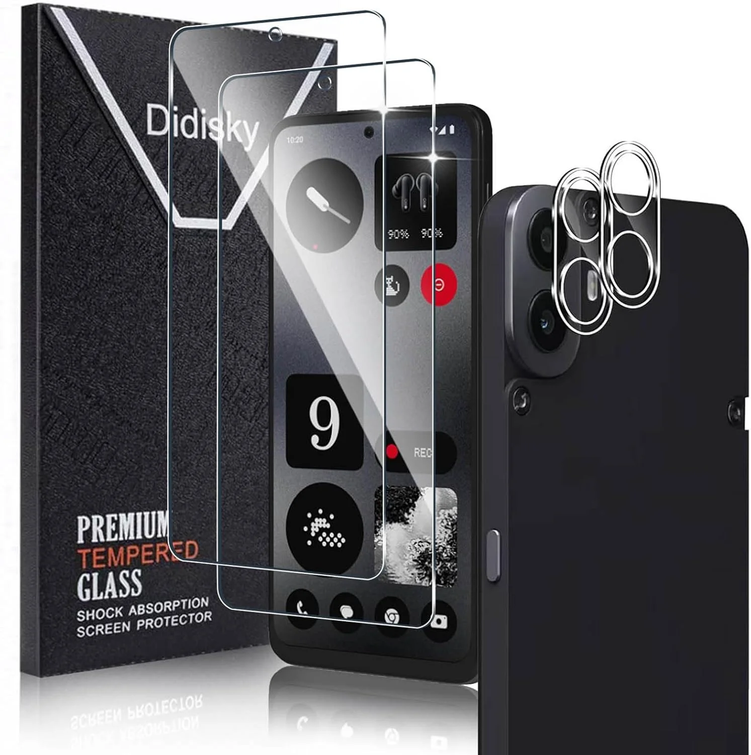 محافظ صفحه نمایش دیدیسکی (2+2 عددی) برای گوشی ناتینگ CMF Phone 1 5G، شامل 2 عدد محافظ صفحه نمایش شیشه ای حرارت دیده به همراه 2 عدد محافظ لنز دوربین، سختی 9H، نصب آسان، مقاوم در برابر خراش، HD