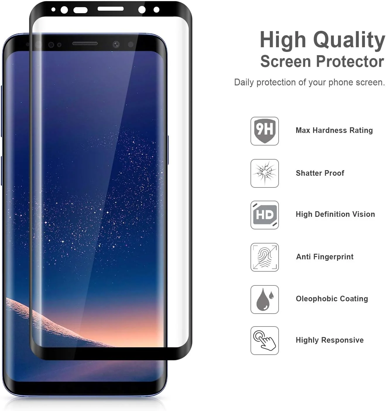 محافظ صفحه نمایش Ecenone [بسته 2 عددی] برای گوشی سامسونگ گلکسی S9، محافظ صفحه نمایش منحنی کامل سه بعدی [سختی 9H، ضد خش، سازگار با قاب] شیشه حرارت دیده سازگار با سامسونگ گلکسی S9