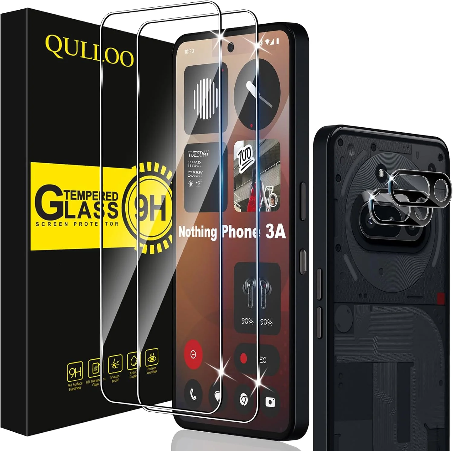 محافظ صفحه نمایش QULLOO برای Nothing Phone (3a)، بسته 2 عددی محافظ صفحه نمایش با 2 محافظ دوربین، شیشه حرارت دیده با سختی 9H، شیشه محافظ شفاف HD، فیلم ضد خش