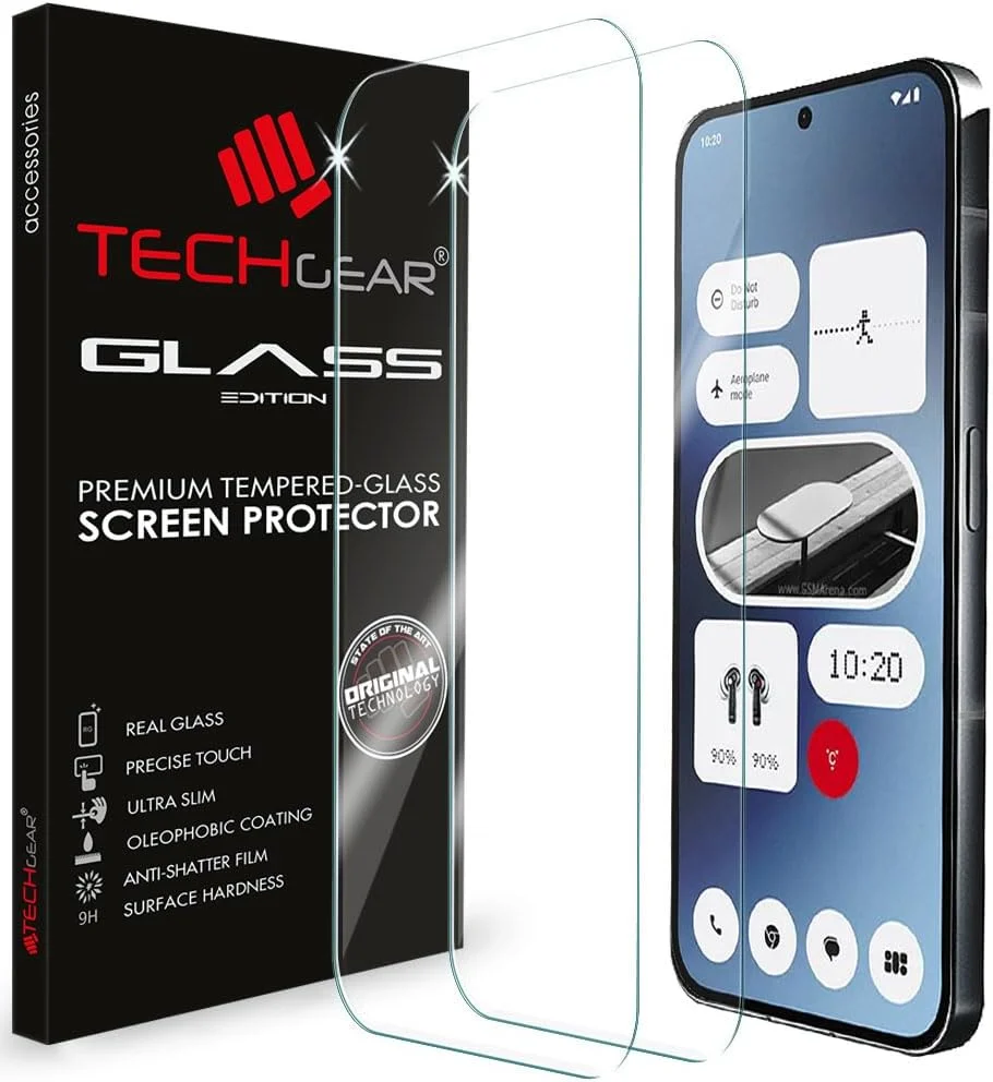 محافظ صفحه نمایش شیشه ای TECHGEAR سازگار با Nothing Phone 2a، بسته 2 عددی، شیشه حرارت دیده با لبه های گرد 2.5D، سختی 9H، شفافیت کریستالی، مقاوم در برابر خراش، بدون حباب