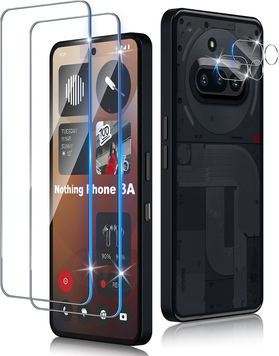 محافظ صفحه نمایش شیشه ای تمپرد Xunzii برای ناتینگ فون 3a، 2 عدد محافظ لنز دوربین عقب، سختی 9H، ضد خش، نصب آسان